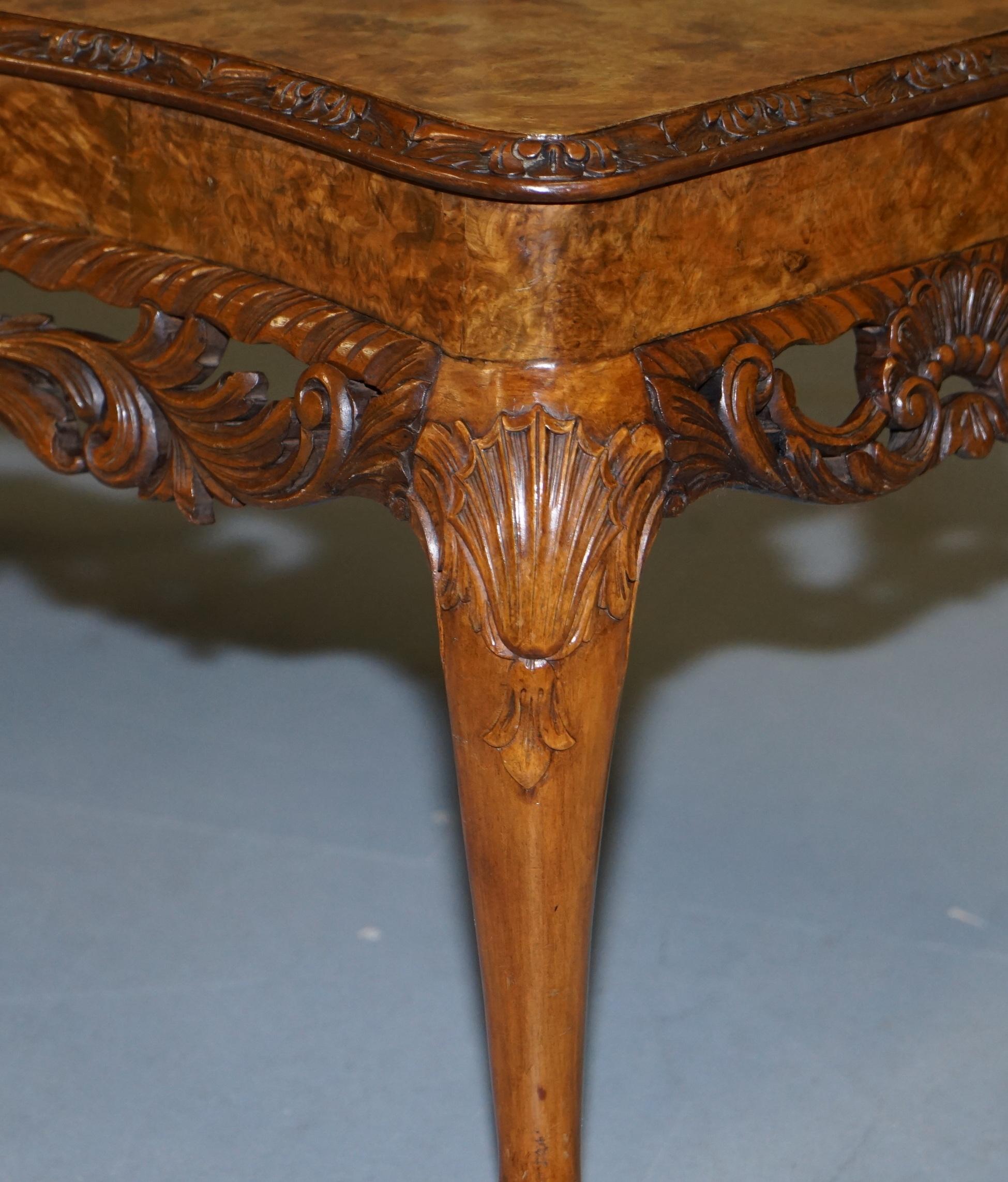Stunning Vintage Burr Walnut Coffee Table with Ornately Carved Frame Lion Feet 5