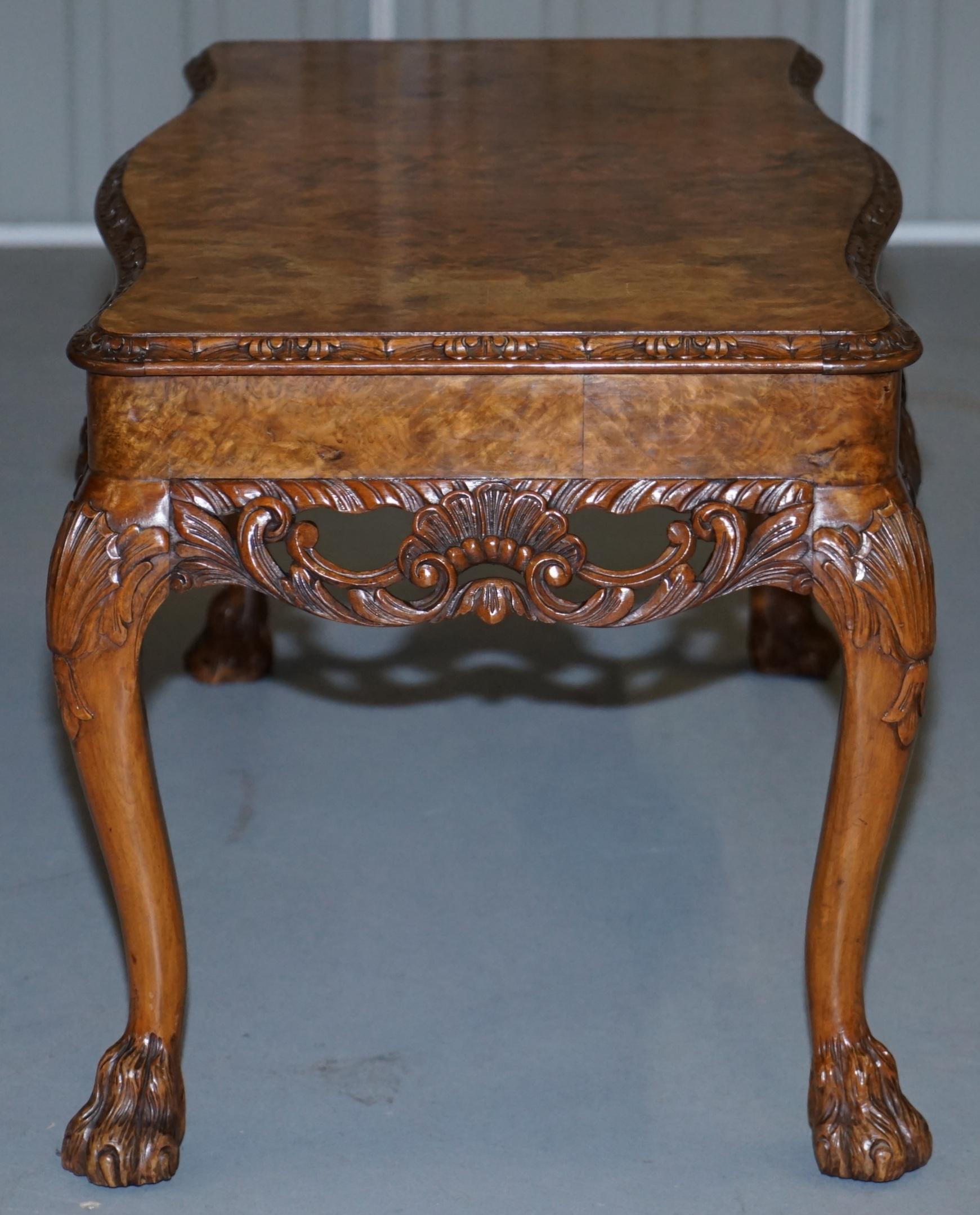 Stunning Vintage Burr Walnut Coffee Table with Ornately Carved Frame Lion Feet 8