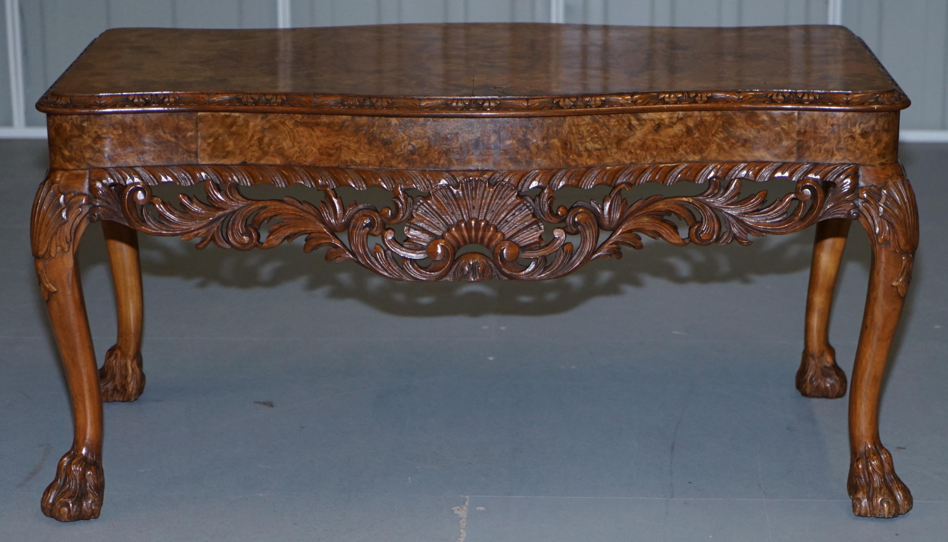 Stunning Vintage Burr Walnut Coffee Table with Ornately Carved Frame Lion Feet 9