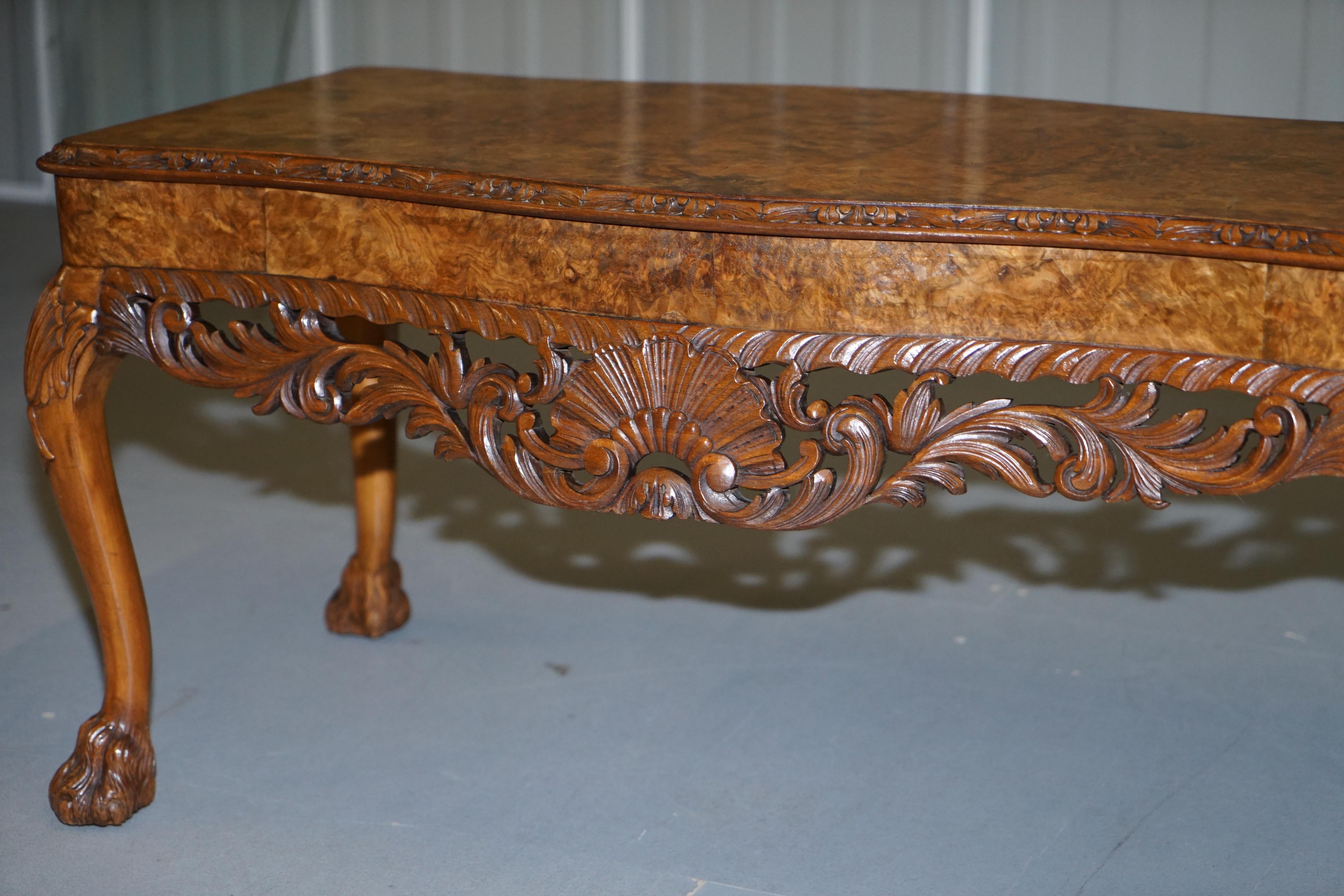 Stunning Vintage Burr Walnut Coffee Table with Ornately Carved Frame Lion Feet 11