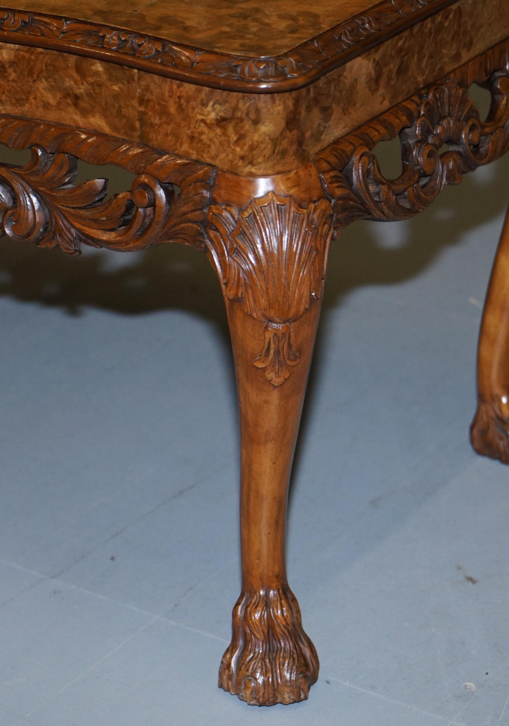 Stunning Vintage Burr Walnut Coffee Table with Ornately Carved Frame Lion Feet 12