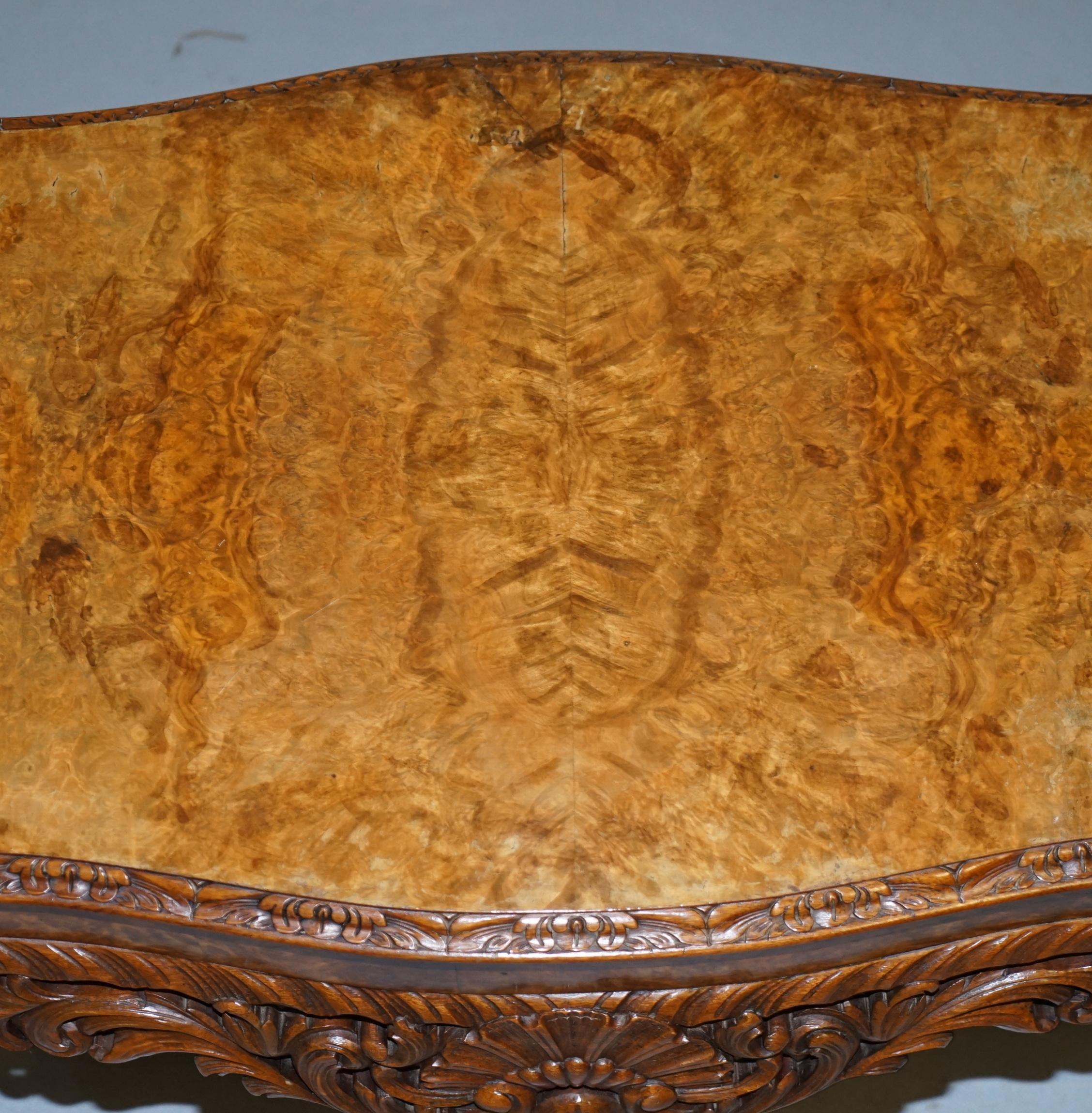 English Stunning Vintage Burr Walnut Coffee Table with Ornately Carved Frame Lion Feet