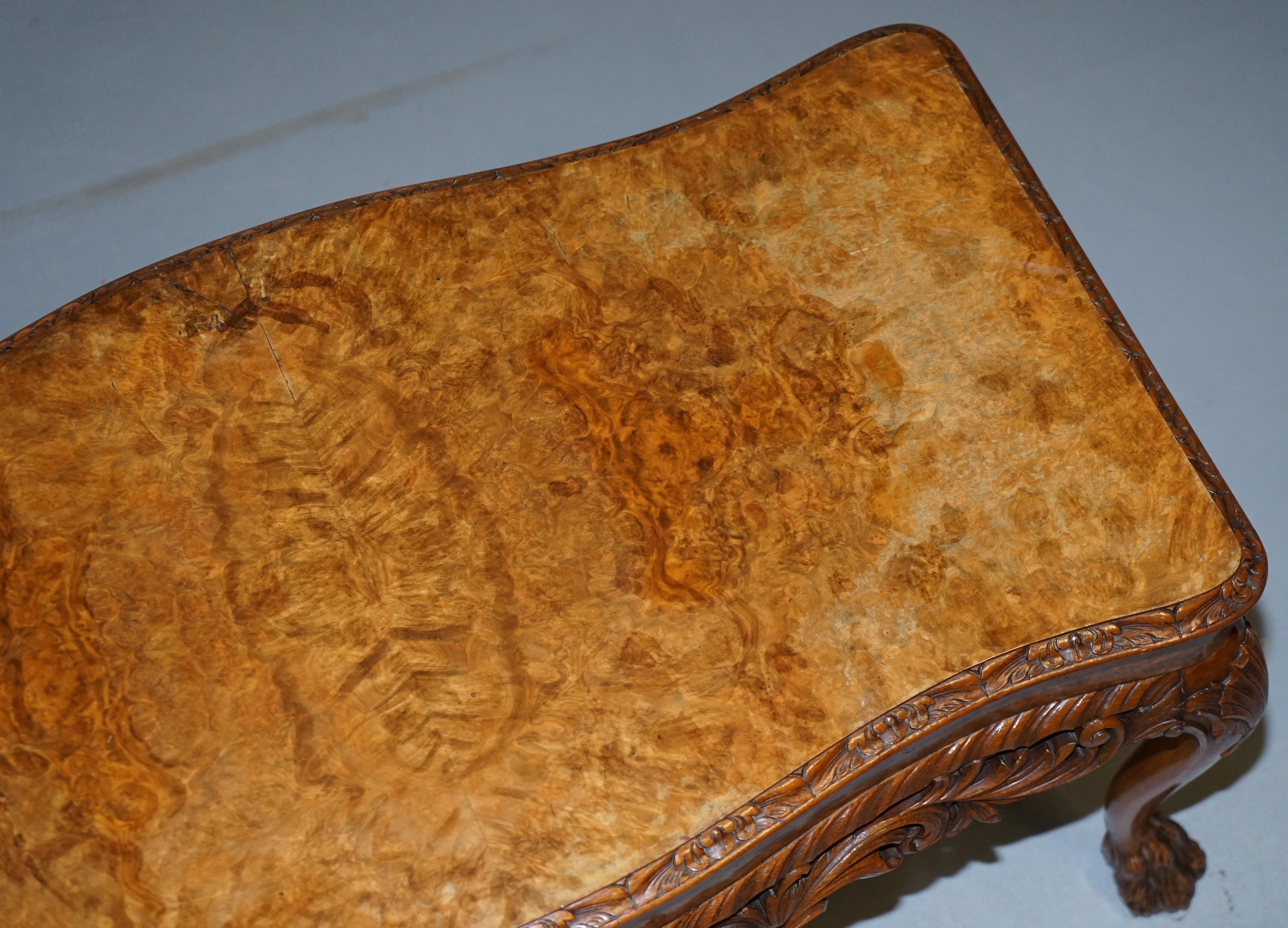 Hand-Crafted Stunning Vintage Burr Walnut Coffee Table with Ornately Carved Frame Lion Feet