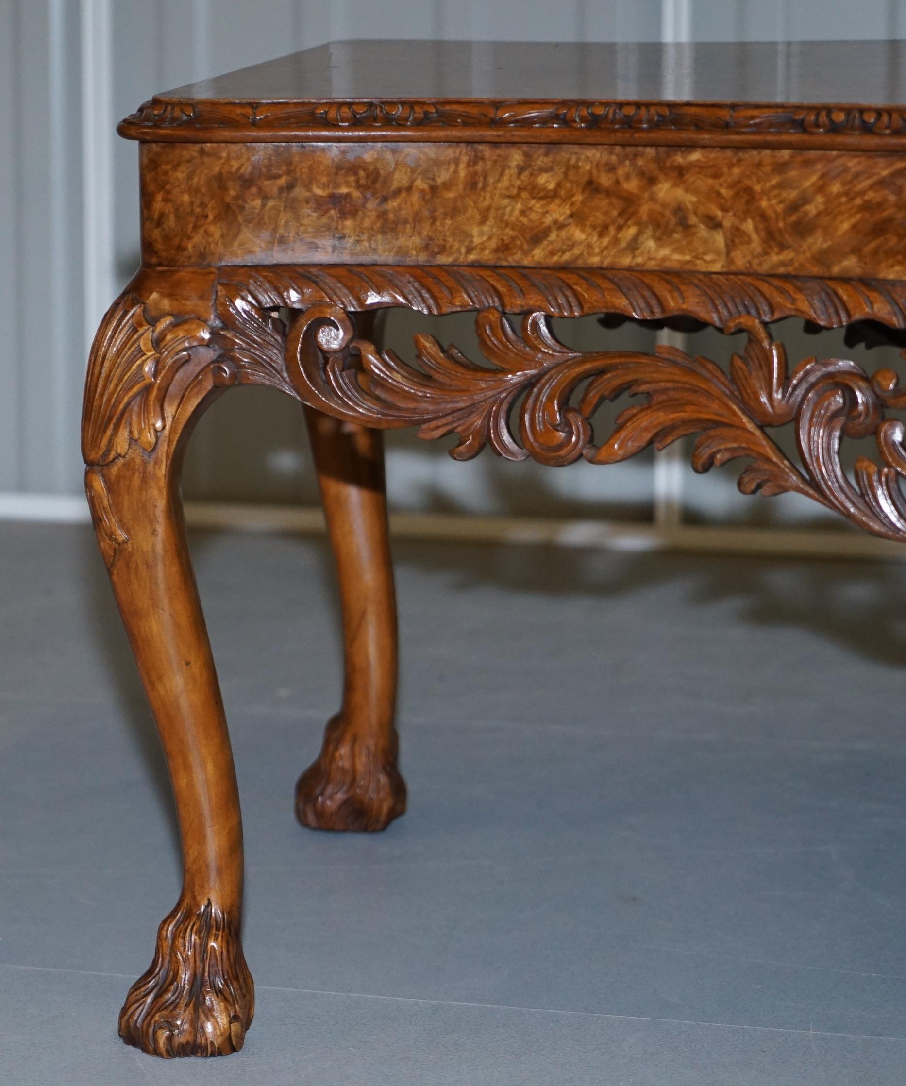 20th Century Stunning Vintage Burr Walnut Coffee Table with Ornately Carved Frame Lion Feet