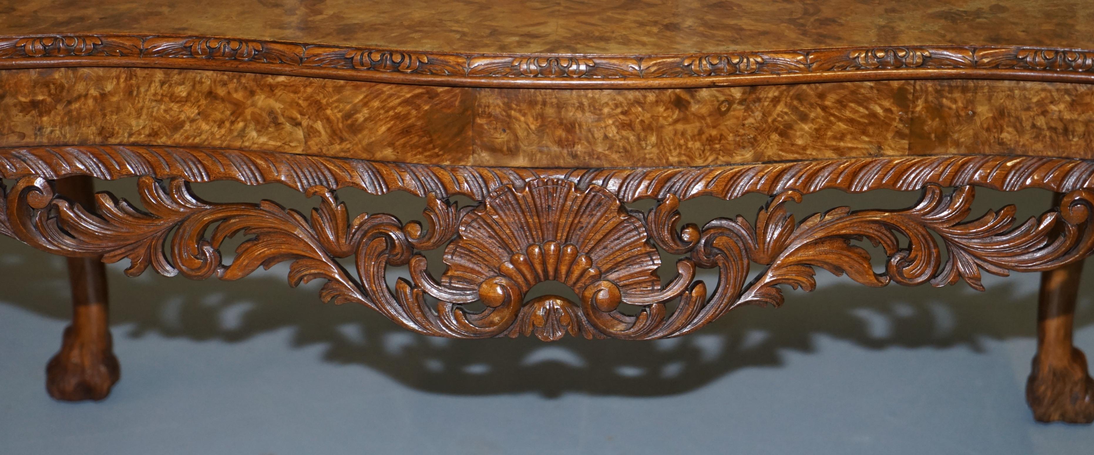 Stunning Vintage Burr Walnut Coffee Table with Ornately Carved Frame Lion Feet 1