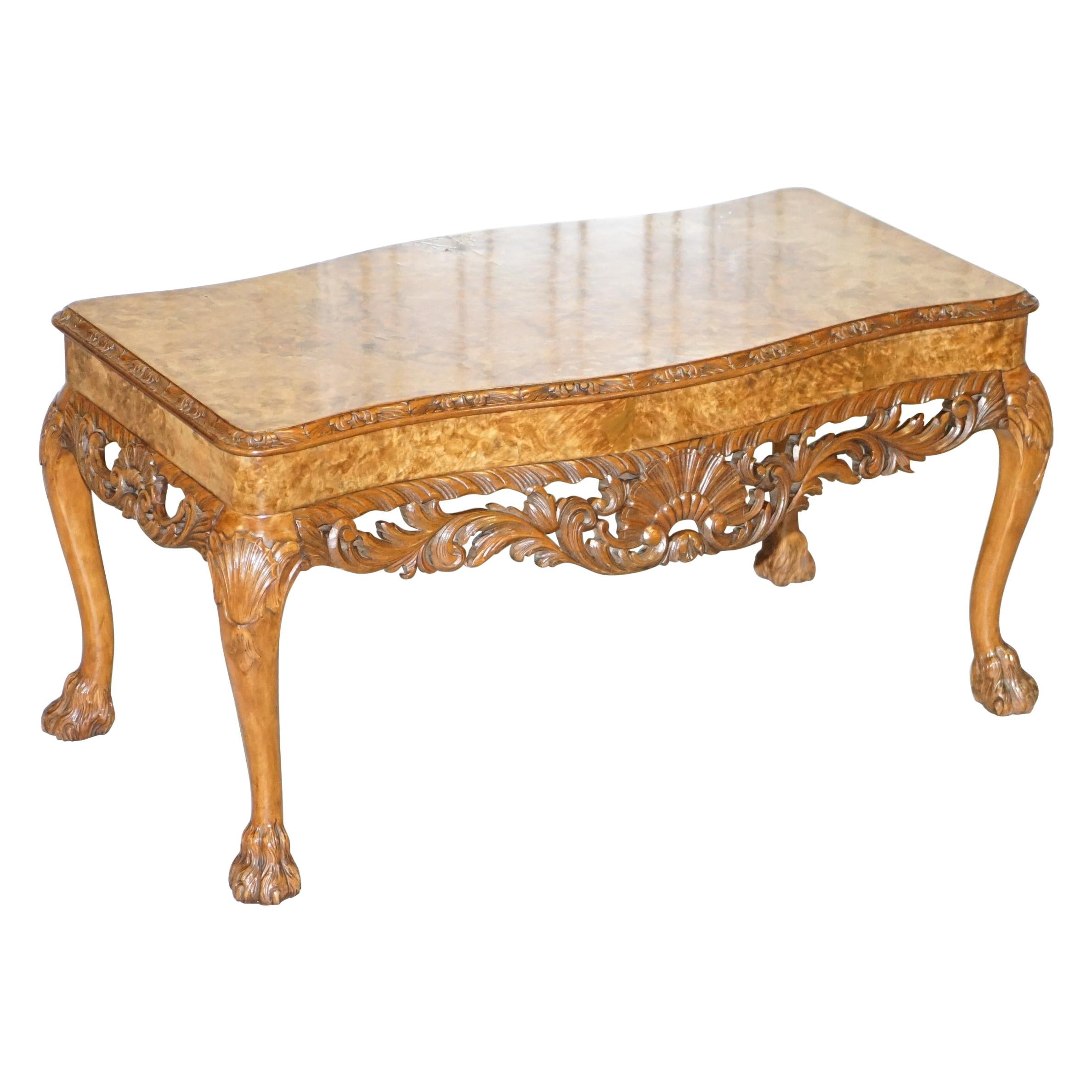 Stunning Vintage Burr Walnut Coffee Table with Ornately Carved Frame Lion Feet
