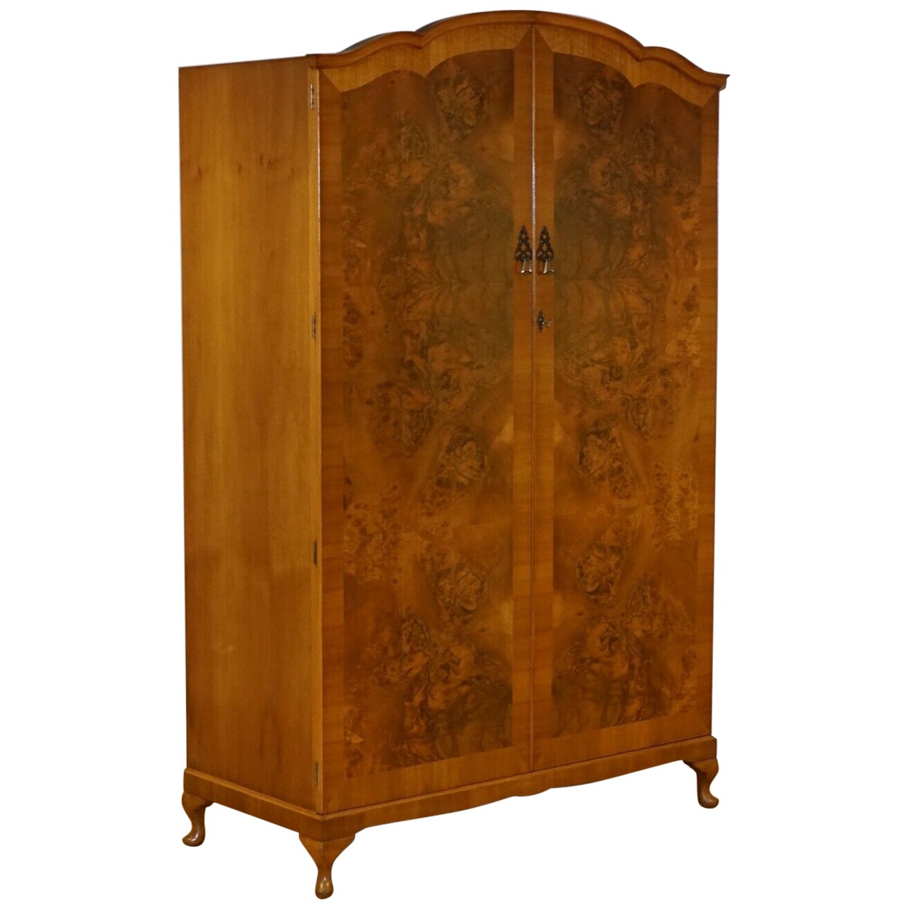 Stunning Vintage Burr Walnut Double Wardrobe with Queen Anne Legs Part of Suite