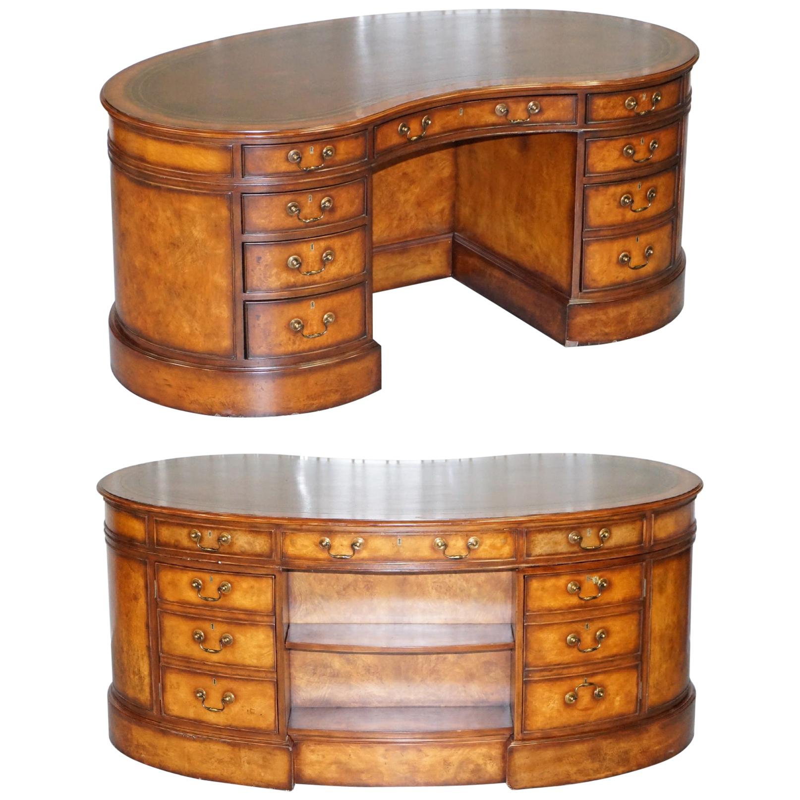 Stunning Vintage Burr Walnut Kidney Desk with Cupboards Bookcases to