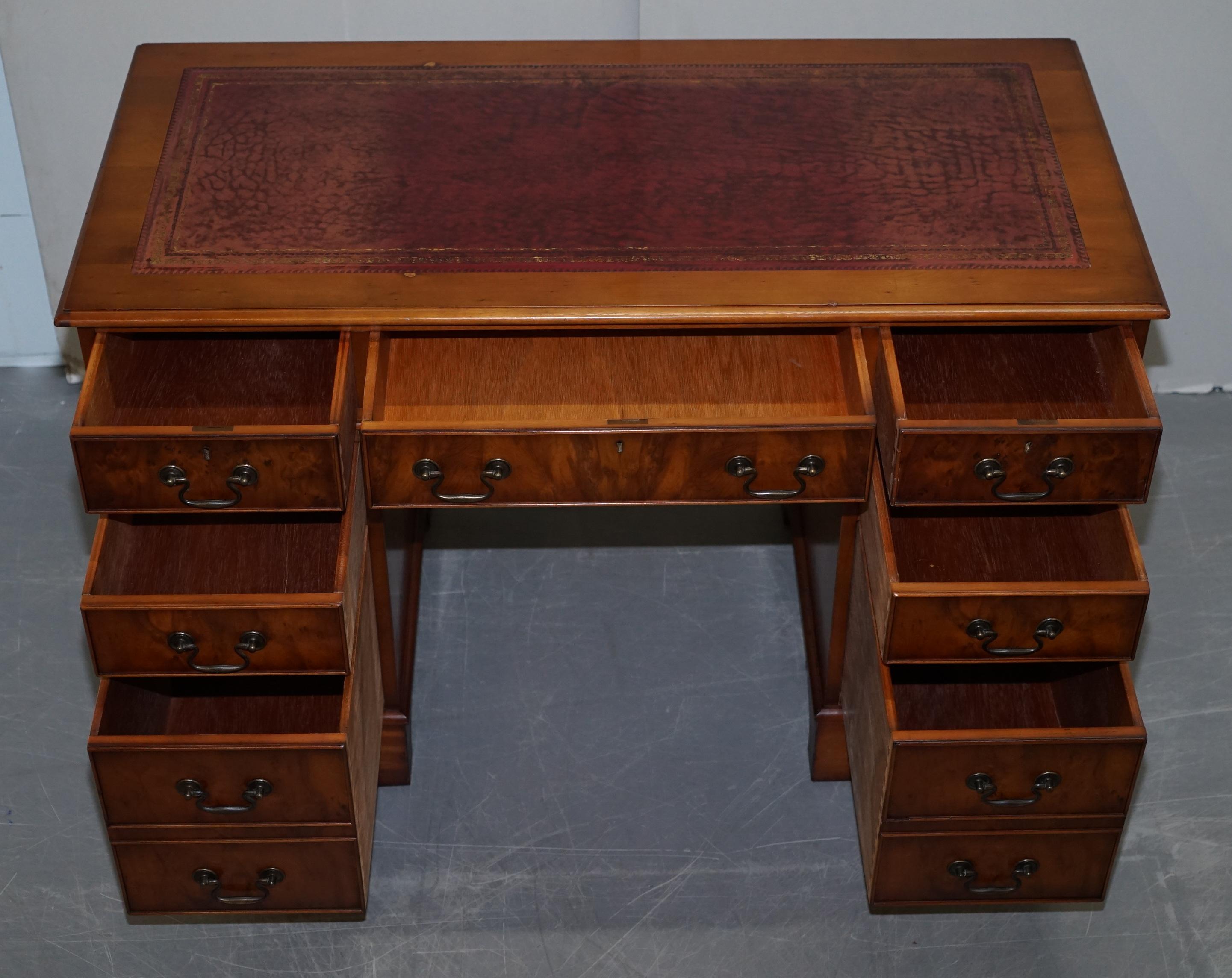 Stunning Vintage Burr Walnut Partners Desk with Oxblood Leather Writing Surface 13