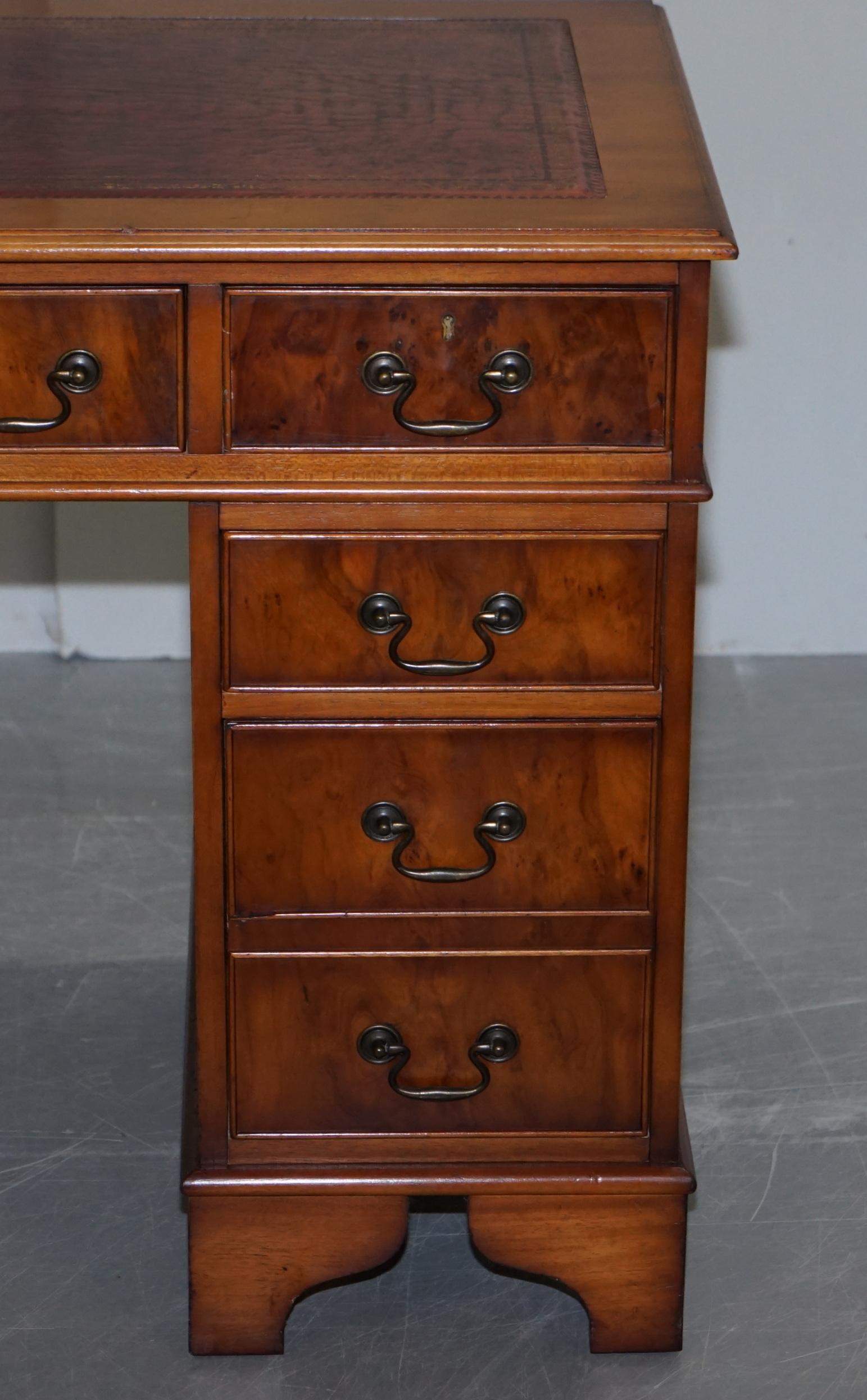 English Stunning Vintage Burr Walnut Partners Desk with Oxblood Leather Writing Surface