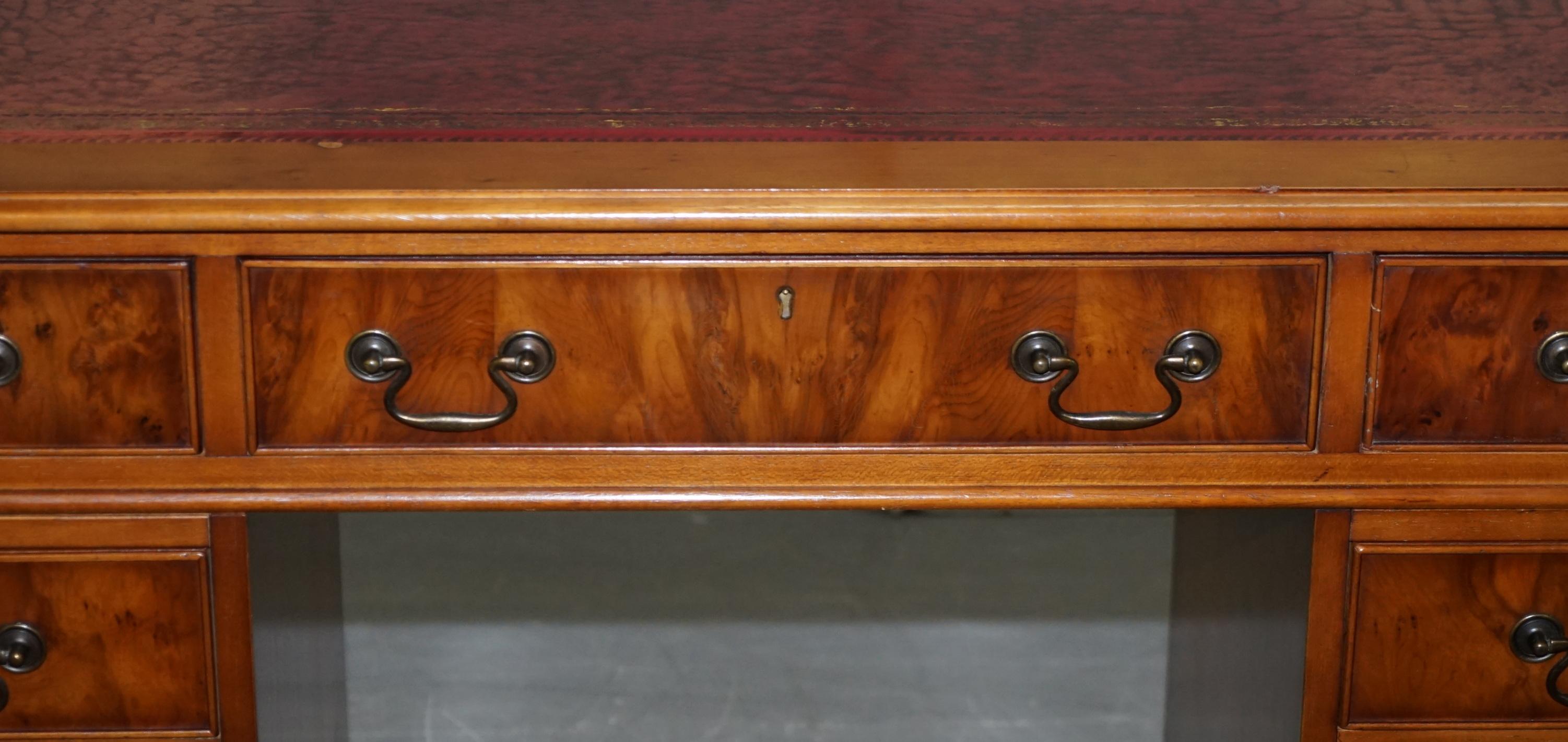 Hand-Crafted Stunning Vintage Burr Walnut Partners Desk with Oxblood Leather Writing Surface