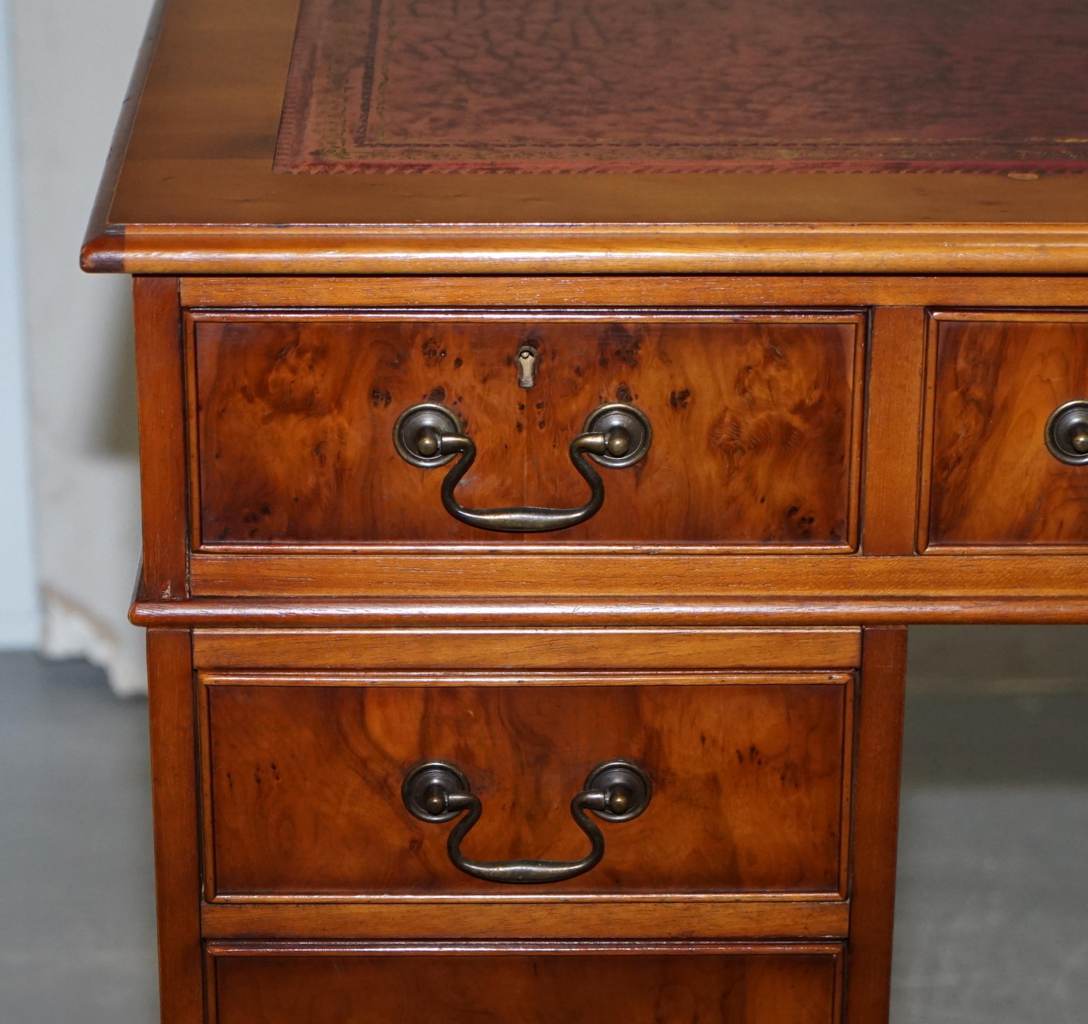 20th Century Stunning Vintage Burr Walnut Partners Desk with Oxblood Leather Writing Surface