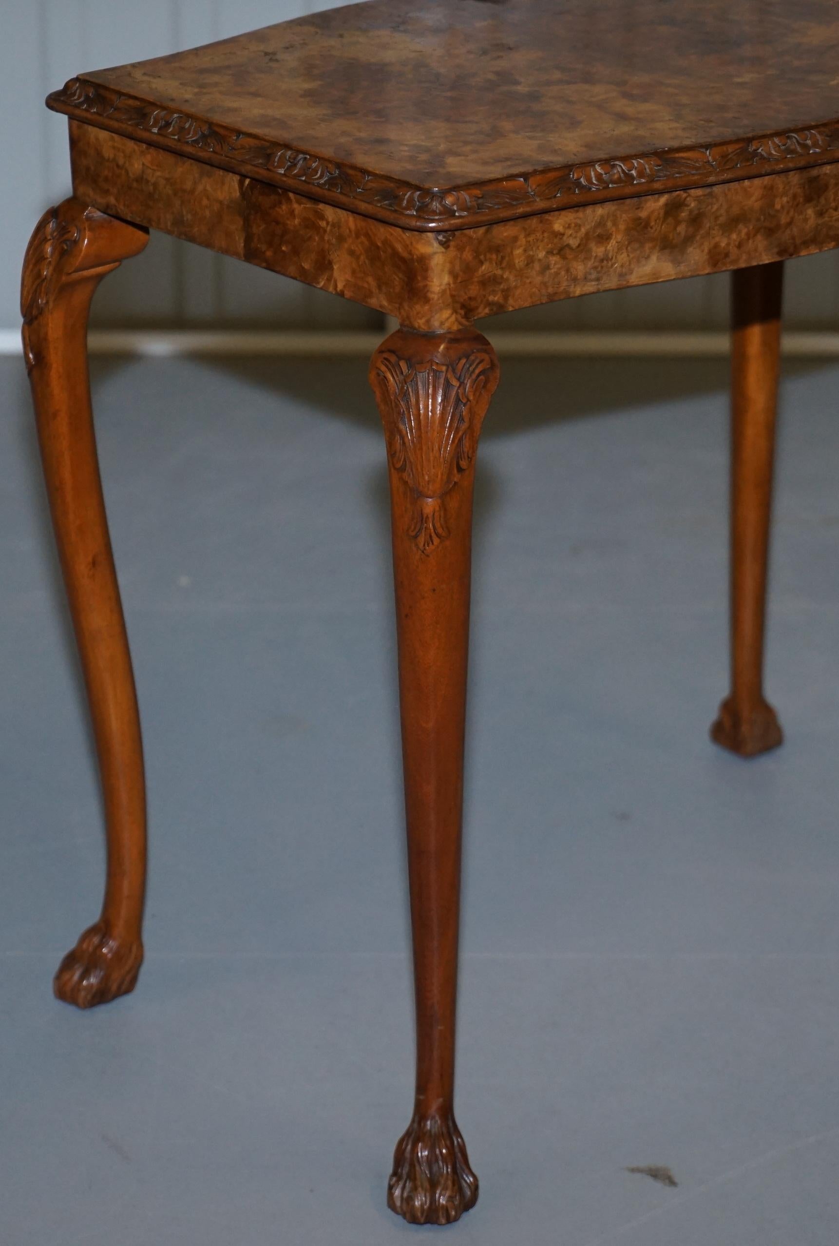 Stunning Vintage Burr Walnut Side Lamp Table Ornately Carved Frame Lion Feet For Sale 5