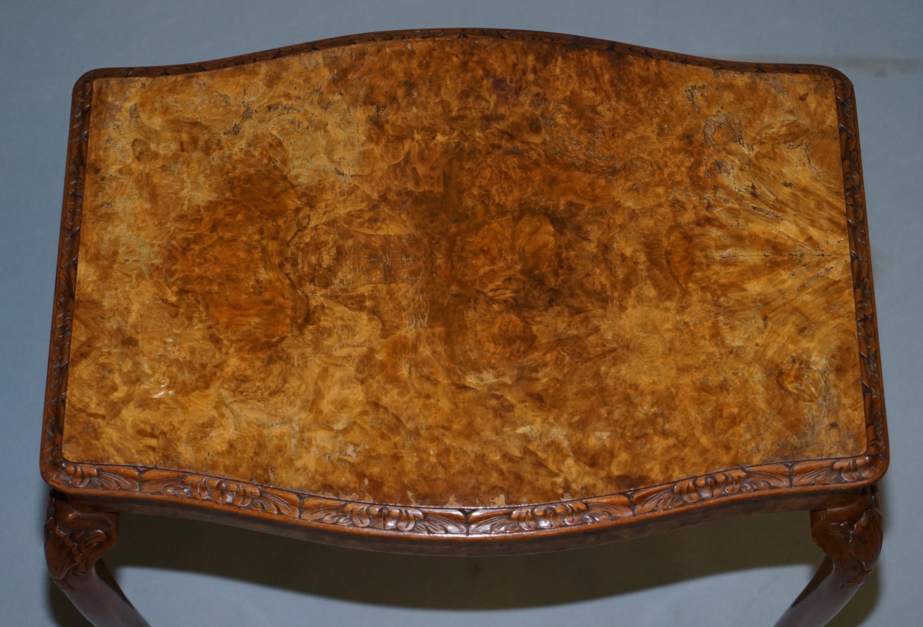 English Stunning Vintage Burr Walnut Side Lamp Table Ornately Carved Frame Lion Feet For Sale