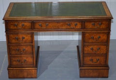 Stunning Vintage Burr Walnut Twin Pedestal Partner Desk with Green Leather Top