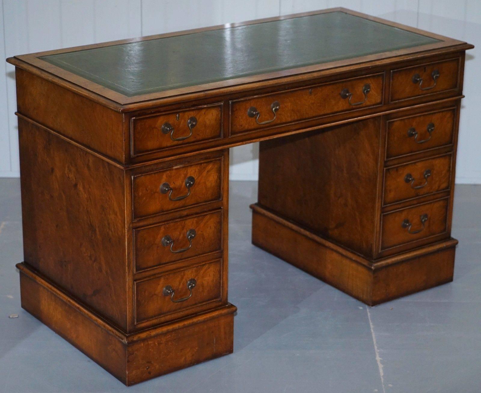 Regency Stunning Vintage Burr Walnut Twin Pedestal Partner Desk with Green Leather Top