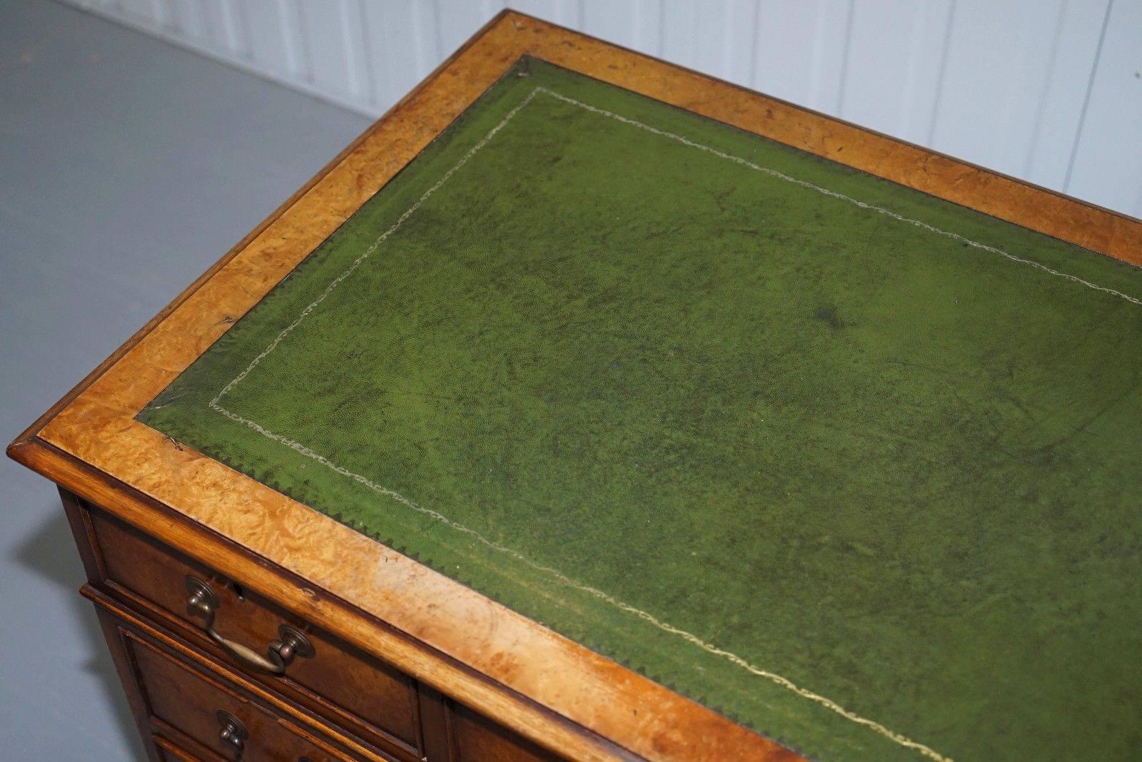 British Stunning Vintage Burr Walnut Twin Pedestal Partner Desk with Green Leather Top