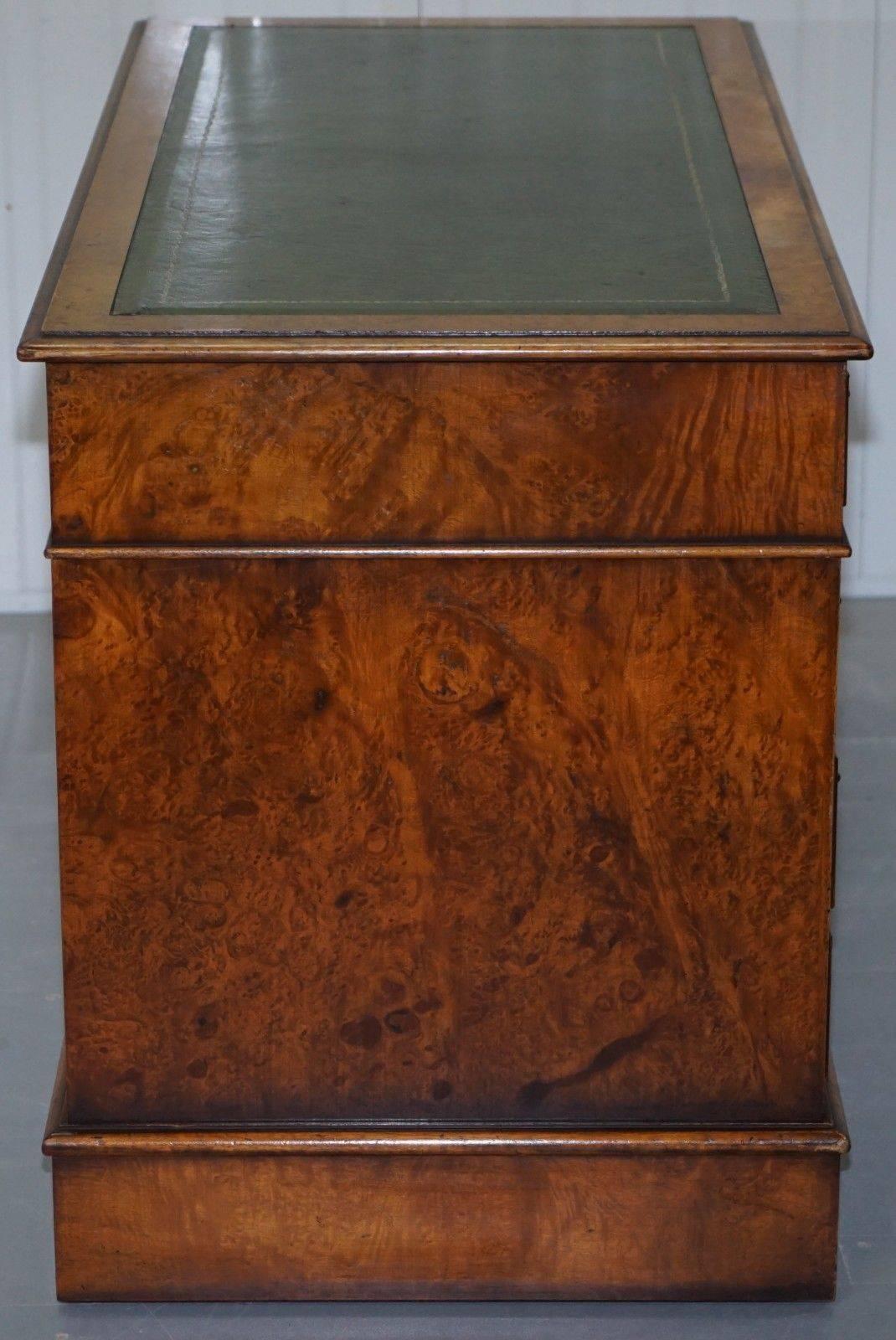 Stunning Vintage Burr Walnut Twin Pedestal Partner Desk with Green Leather Top 1
