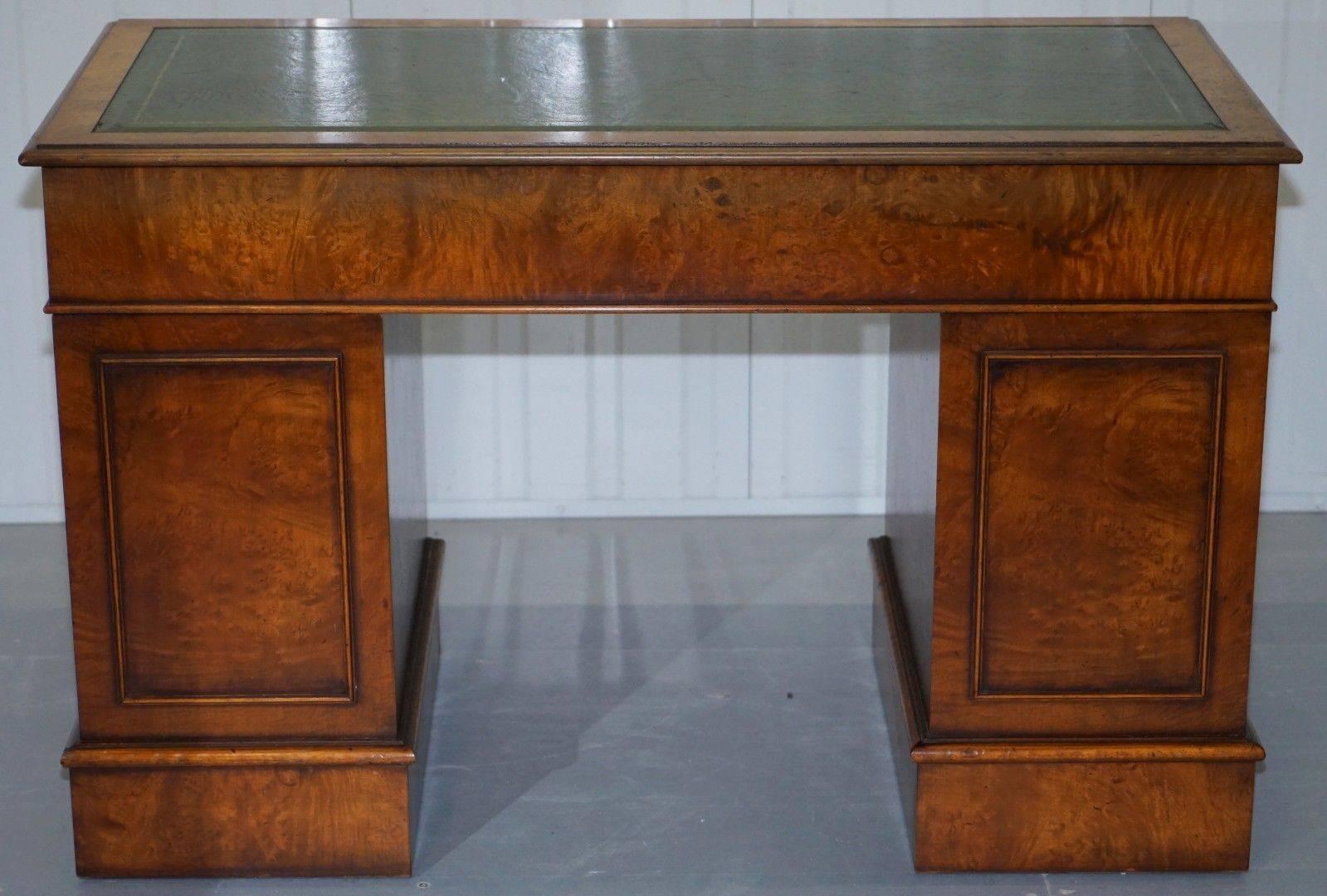 Stunning Vintage Burr Walnut Twin Pedestal Partner Desk with Green Leather Top 2