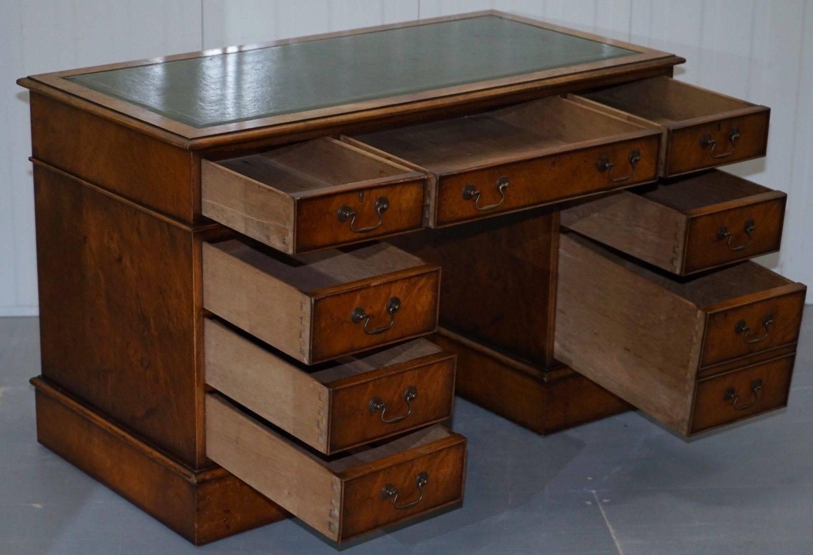 Stunning Vintage Burr Walnut Twin Pedestal Partner Desk with Green Leather Top 3