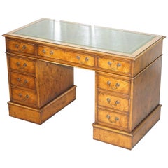 Stunning Vintage Burr Walnut Twin Pedestal Partner Desk with Green Leather Top