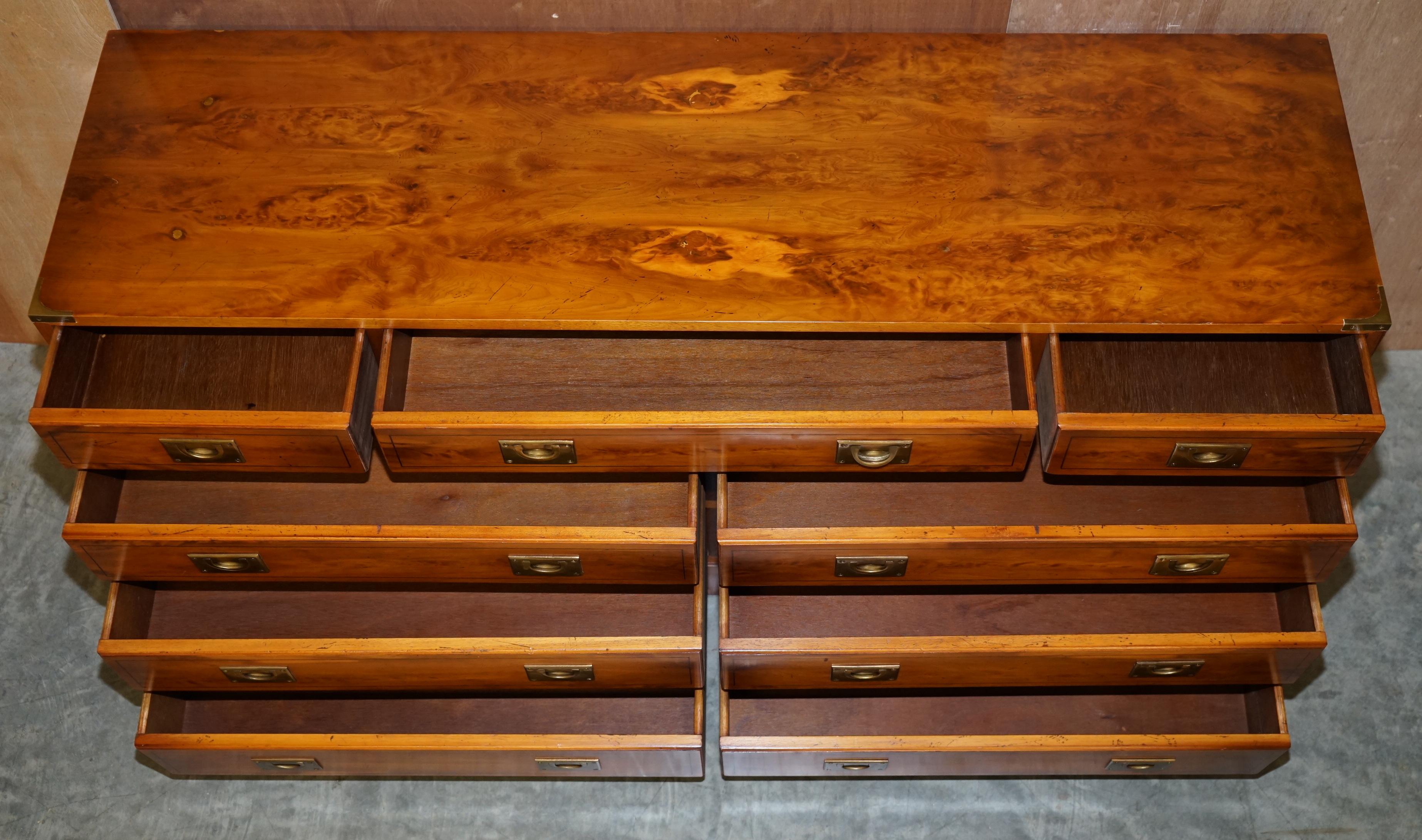 Stunning Vintage Burr Yew Wood Military Campaign Sideboard Bank of Drawers 10