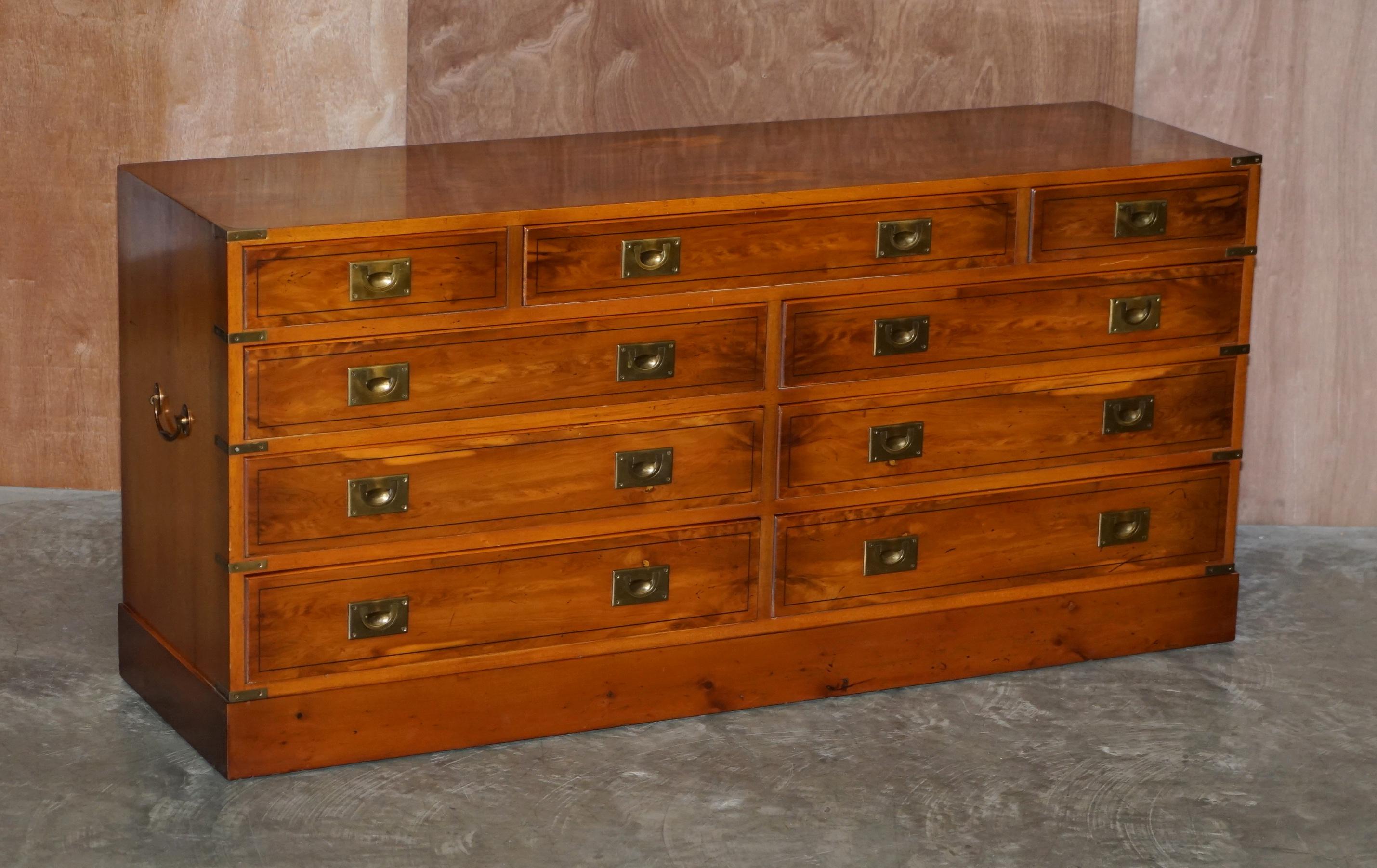 English Stunning Vintage Burr Yew Wood Military Campaign Sideboard Bank of Drawers