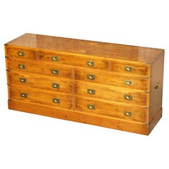 Stunning Vintage Burr Yew Wood Military Campaign Sideboard Bank of Drawers