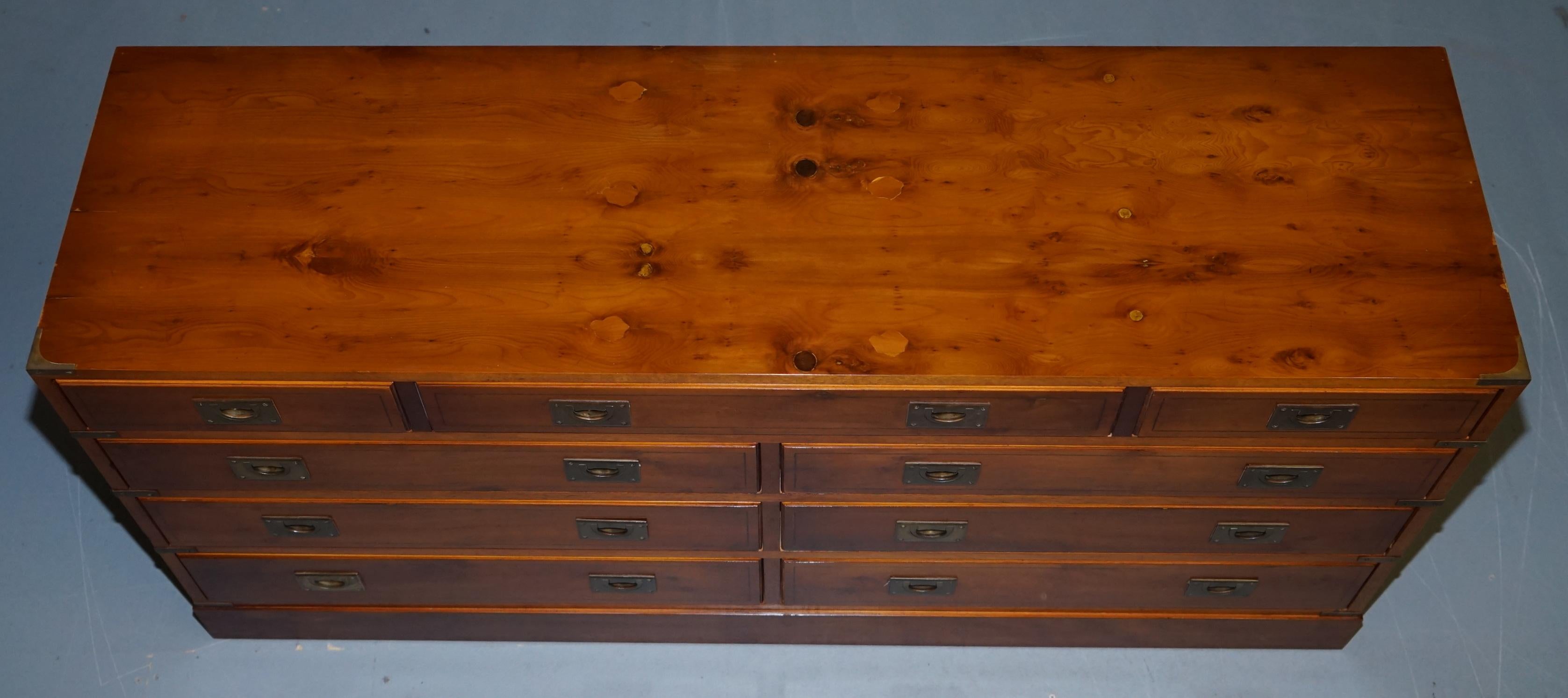 Hand-Crafted Stunning Vintage Burr Yew Wood Military Campaign Sideboard Chest of Drawers
