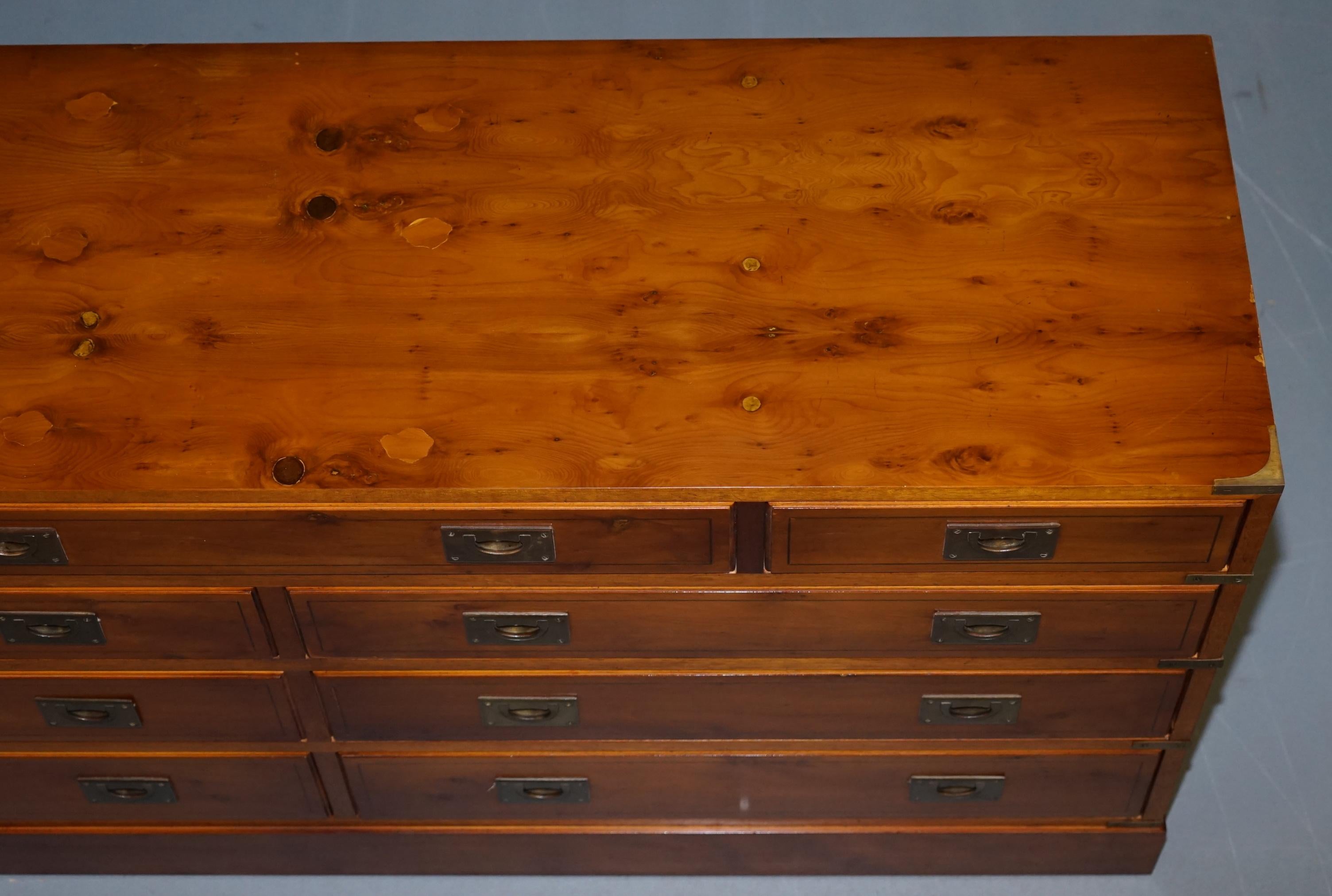 Brass Stunning Vintage Burr Yew Wood Military Campaign Sideboard Chest of Drawers