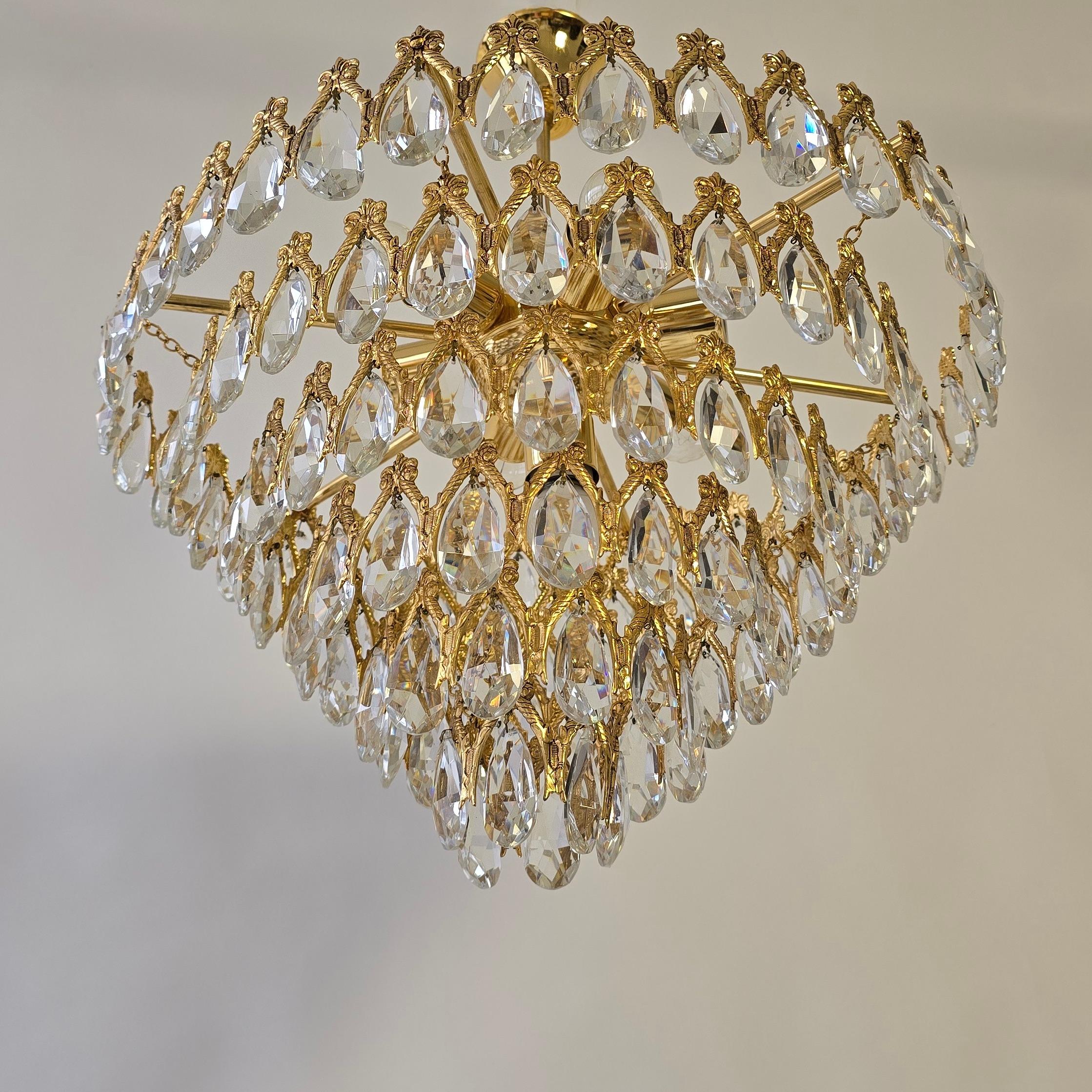 Hollywood Regency Chandelier with Large Teardrop Crystals – Spain, 1970s For Sale