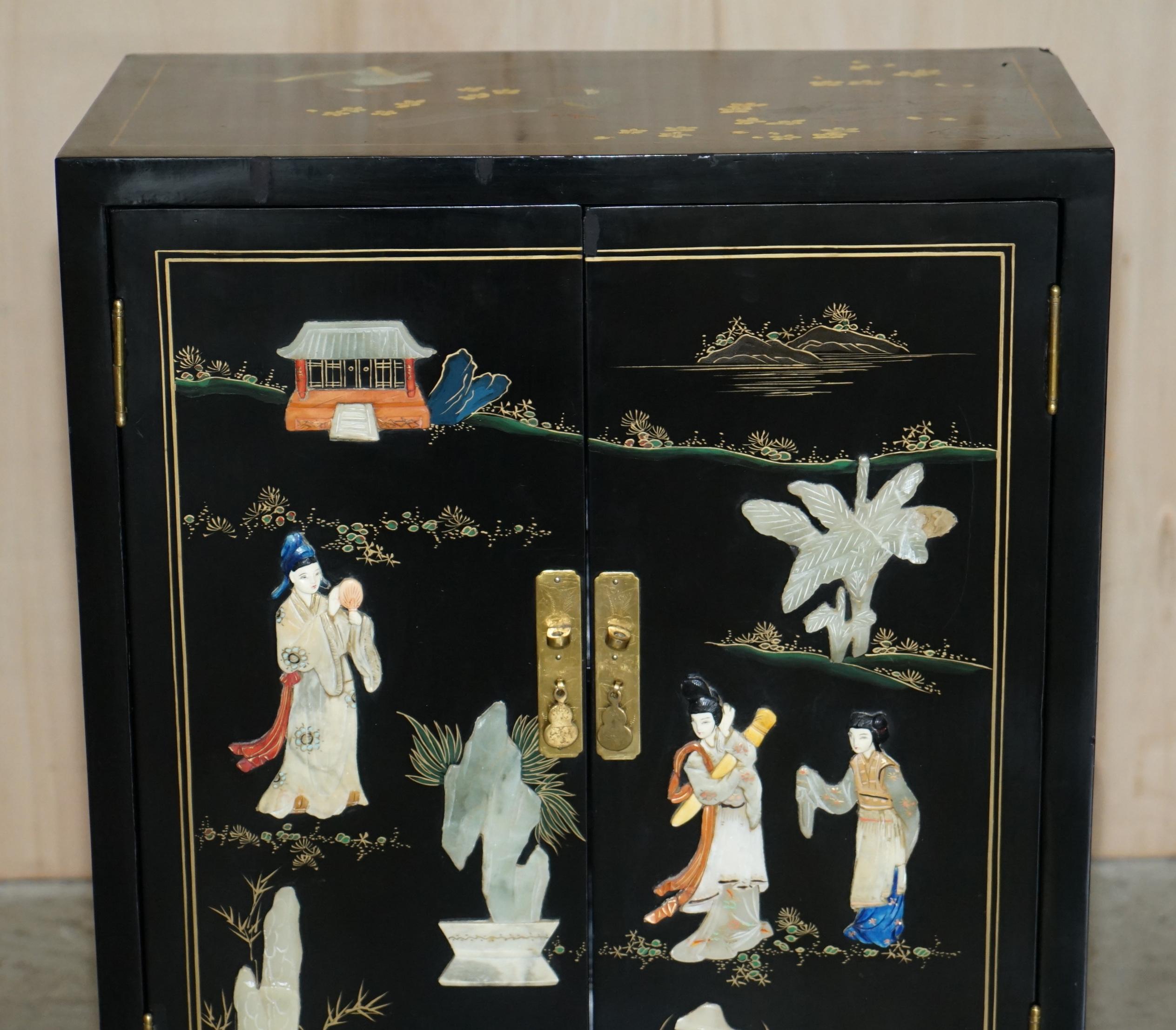 Lacquered Stunning Vintage Chinese Chinoiserie Lacquer Side Cabinet with Hard Stone Finish