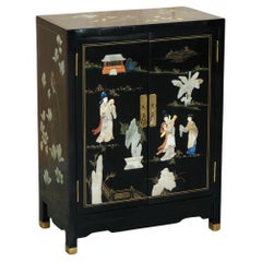 Stunning Vintage Chinese Chinoiserie Lacquer Side Cabinet with Hard Stone Finish