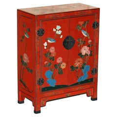 Stunning Vintage Chinese Chinoiserie Red Lacquer Side Cabinet with Birds Etc