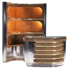 Superbe bar vintage en daim et chrome de Willy Rizzo Italie