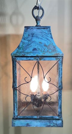 Vintage Copper Hanging Lantern with Handcrafted Art Glass, USA