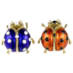 Stunning Vintage Couple of Diamond Enameled Lady Bag Brooches