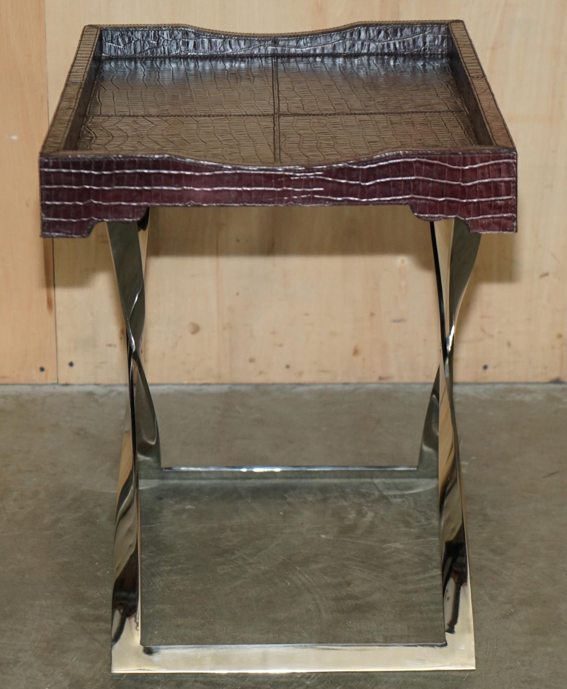 TABLE ALLIGATOR CROCODILE VINTAGE EN CUIR PATiNA AVEC CHROME TRAY en vente 3