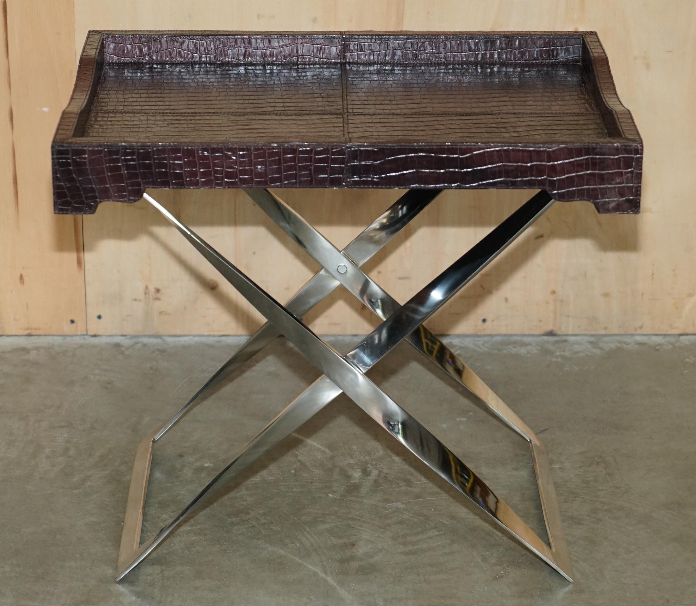 TABLE ALLIGATOR CROCODILE VINTAGE EN CUIR PATiNA AVEC CHROME TRAY en vente 4