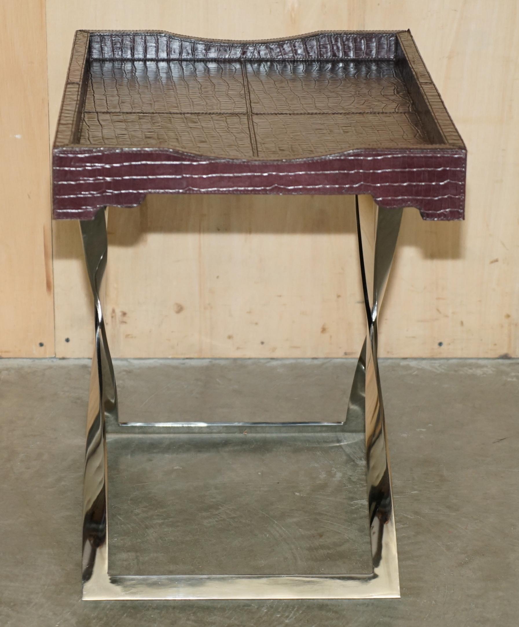 TABLE ALLIGATOR CROCODILE VINTAGE EN CUIR PATiNA AVEC CHROME TRAY en vente 6
