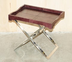 STUNNING VINTAGE CROCODILE ALLIGATOR PATiNA LEATHER FOLDING CHROME TRAY TABLE