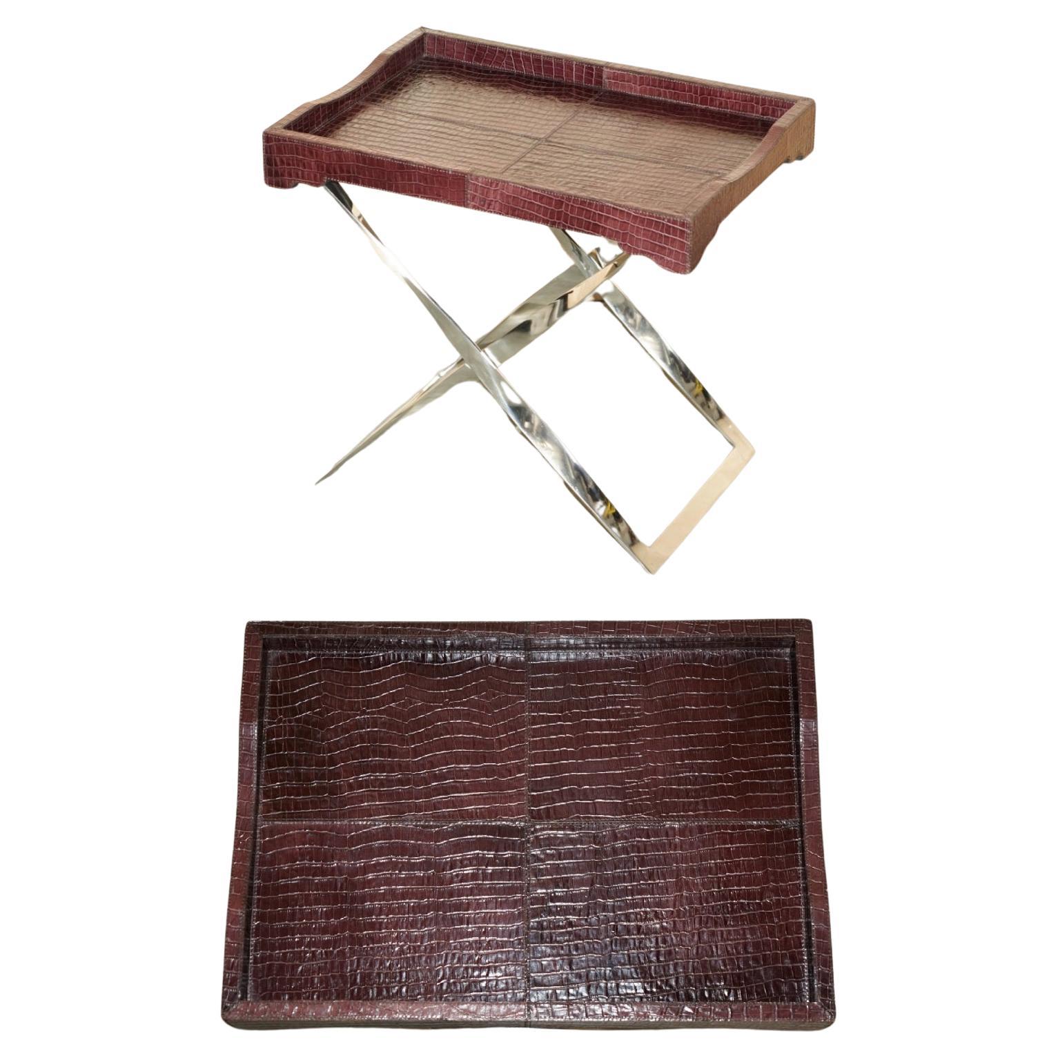 STUNNING VINTAGE CROCODILE ALLIGATOR PATiNA LEATHER FOLDING CHROME TABLE