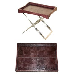 STUNNING VINTAGE CROCODILE ALLIGATOR PATiNA LEATHER FOLDING CHROME TABLE
