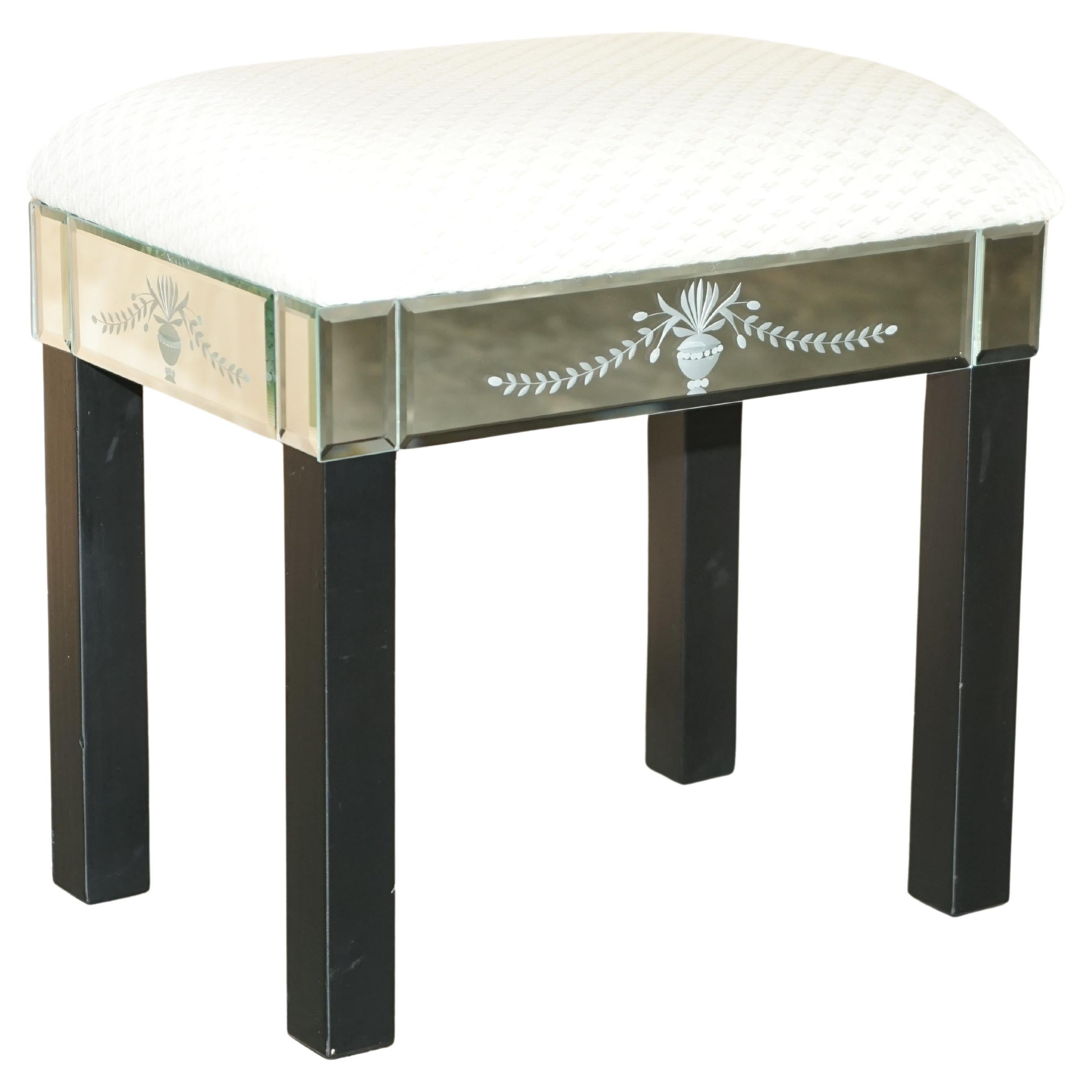 Stunning Vintage Dressing Table Stool with Italian Venetian Etched Glass Panels For Sale