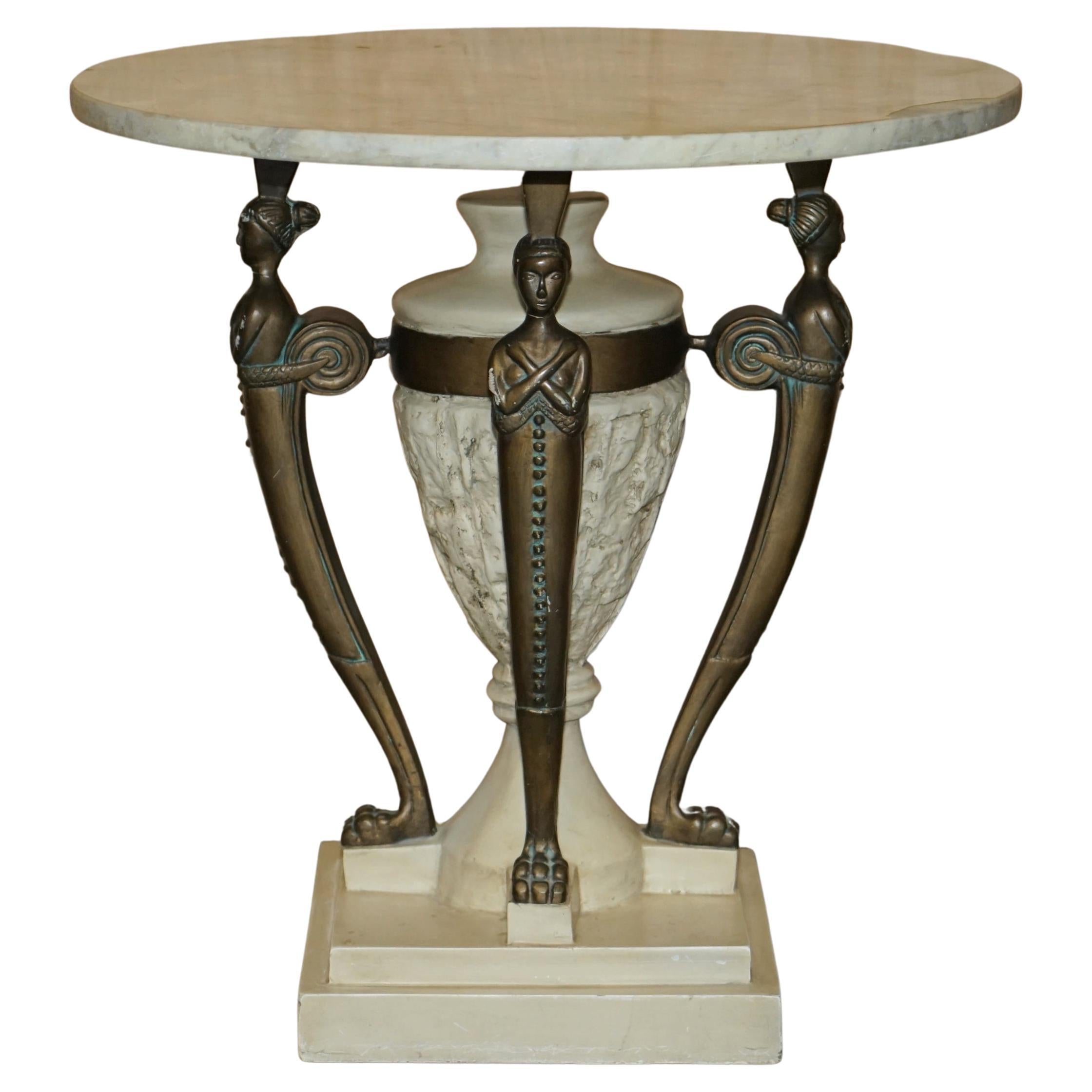 Stunning Vintage Egyptian Revival Side End Lamp Wine Table with Solid Marble Top For Sale