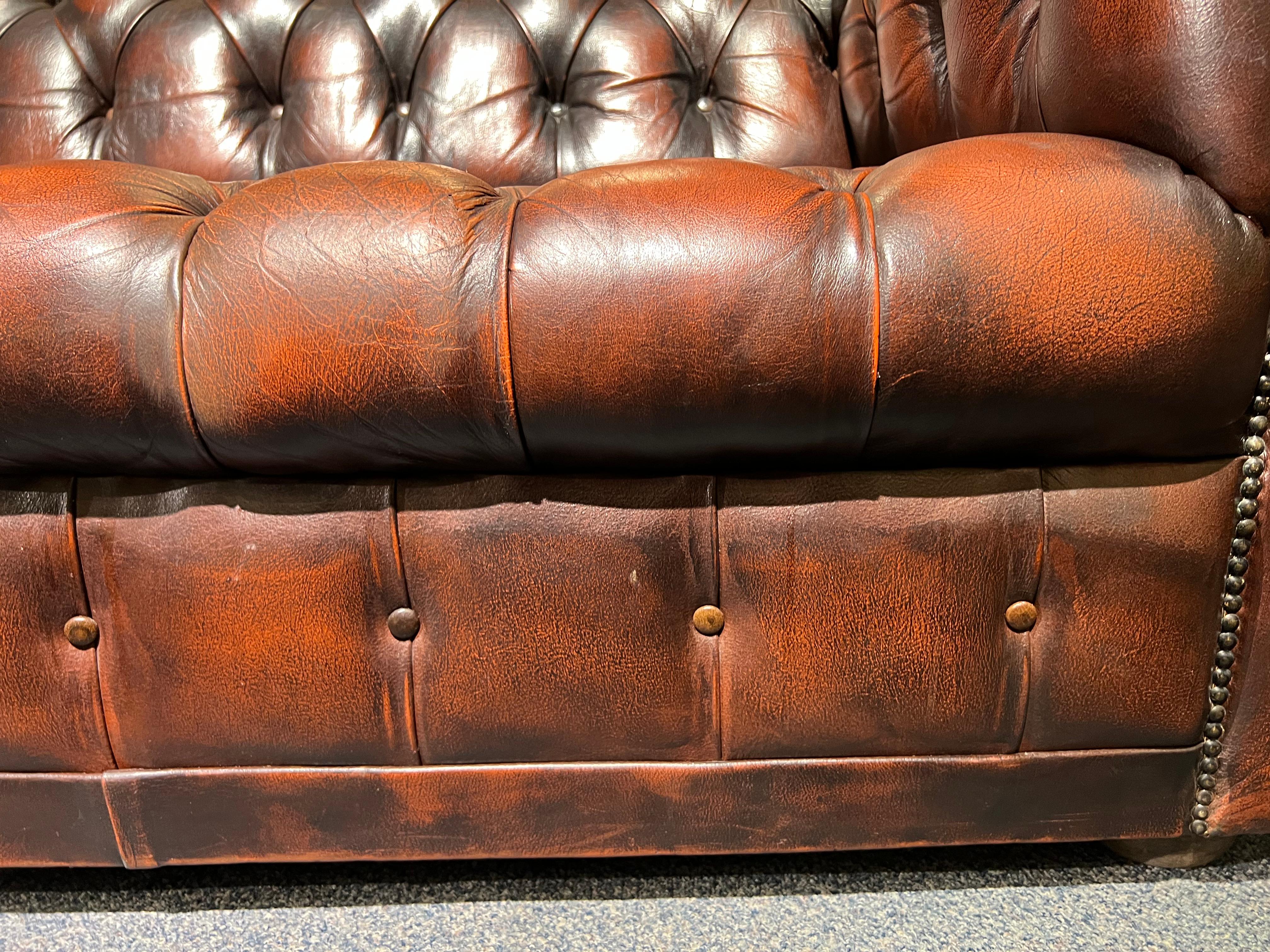 Stunning Vintage English Brown Leather Chesterfield Sofa fully tufted 12