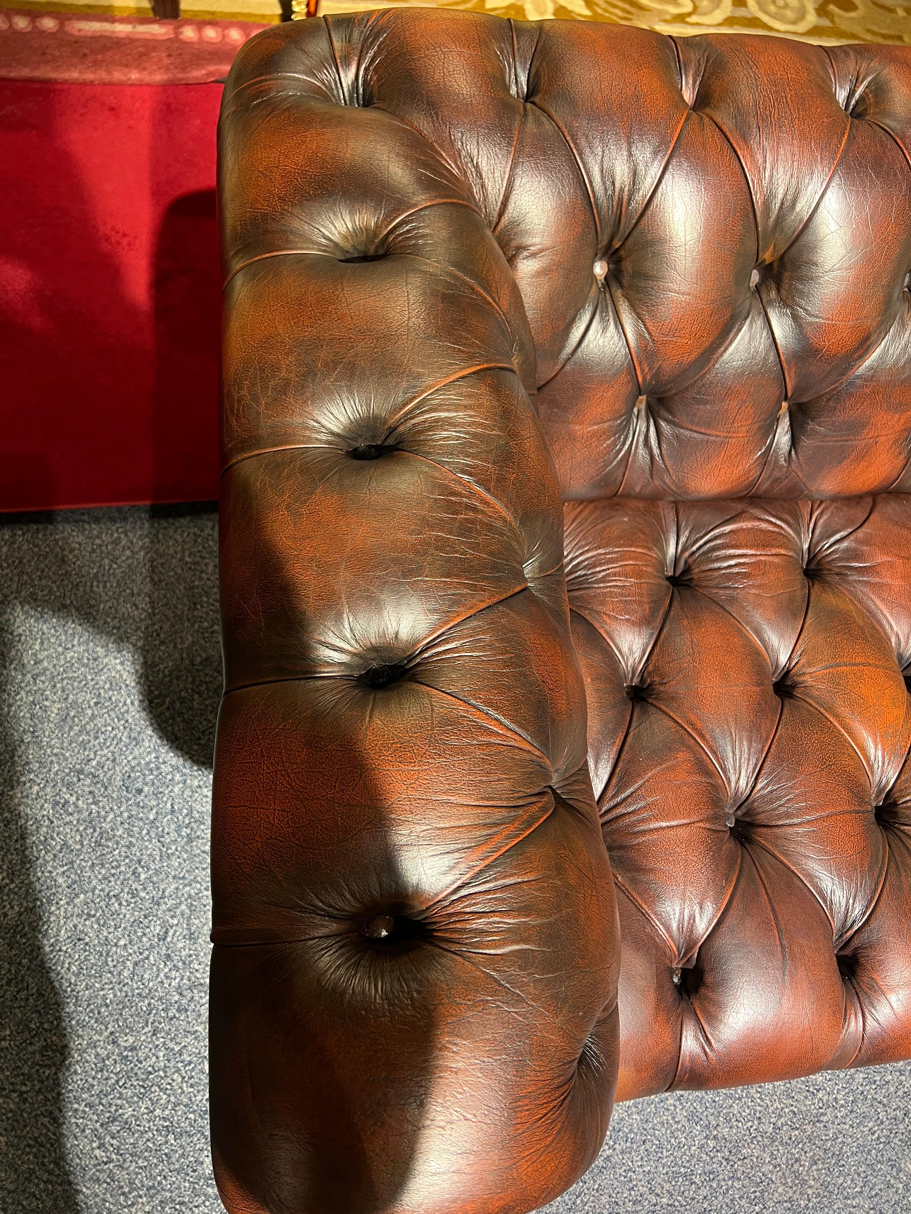 Stunning Vintage English Brown Leather Chesterfield Sofa fully tufted 1
