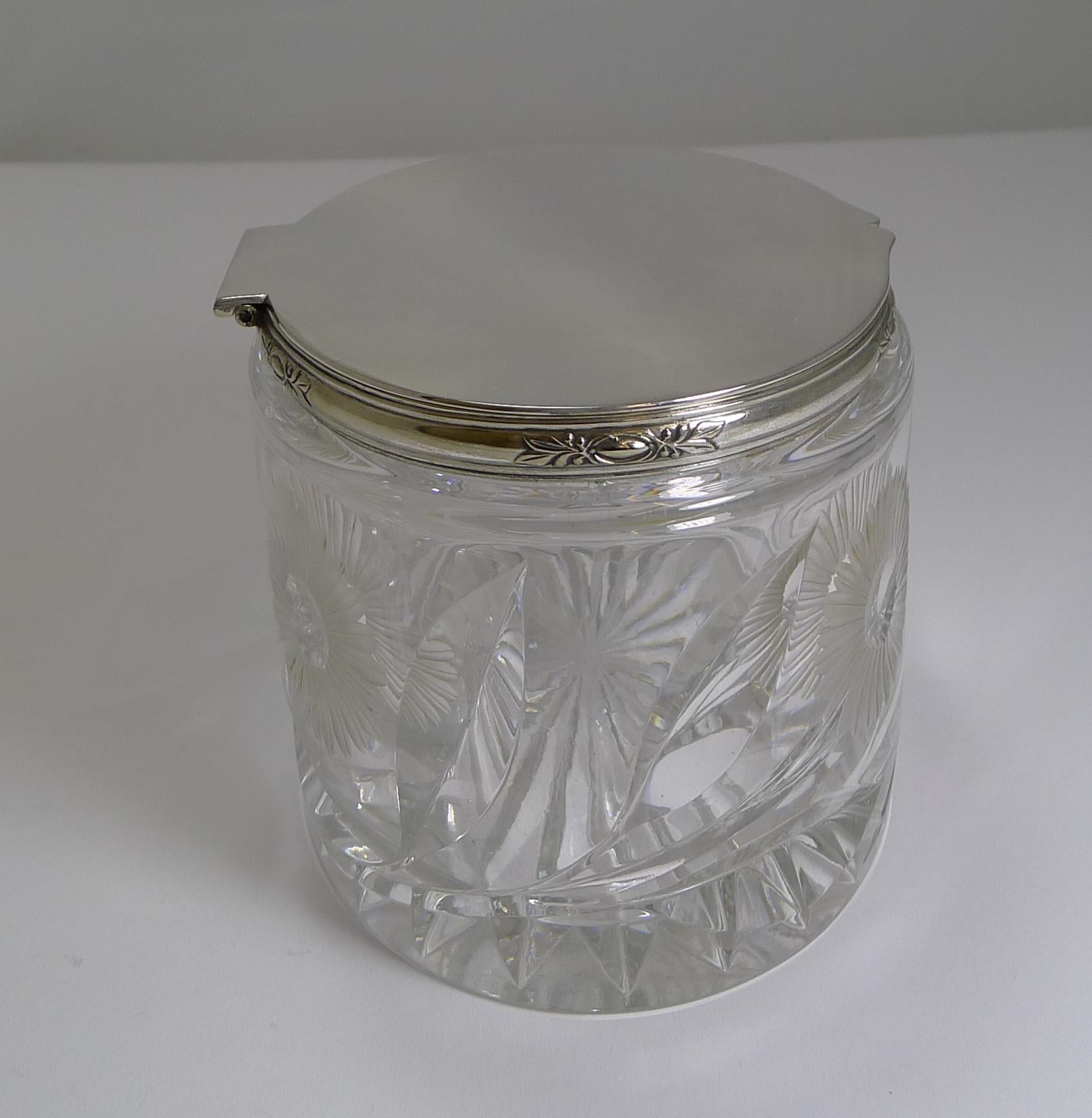 Early 20th Century Stunning Vintage English Cut Crystal and Silver Plate Biscuit Box, 1929