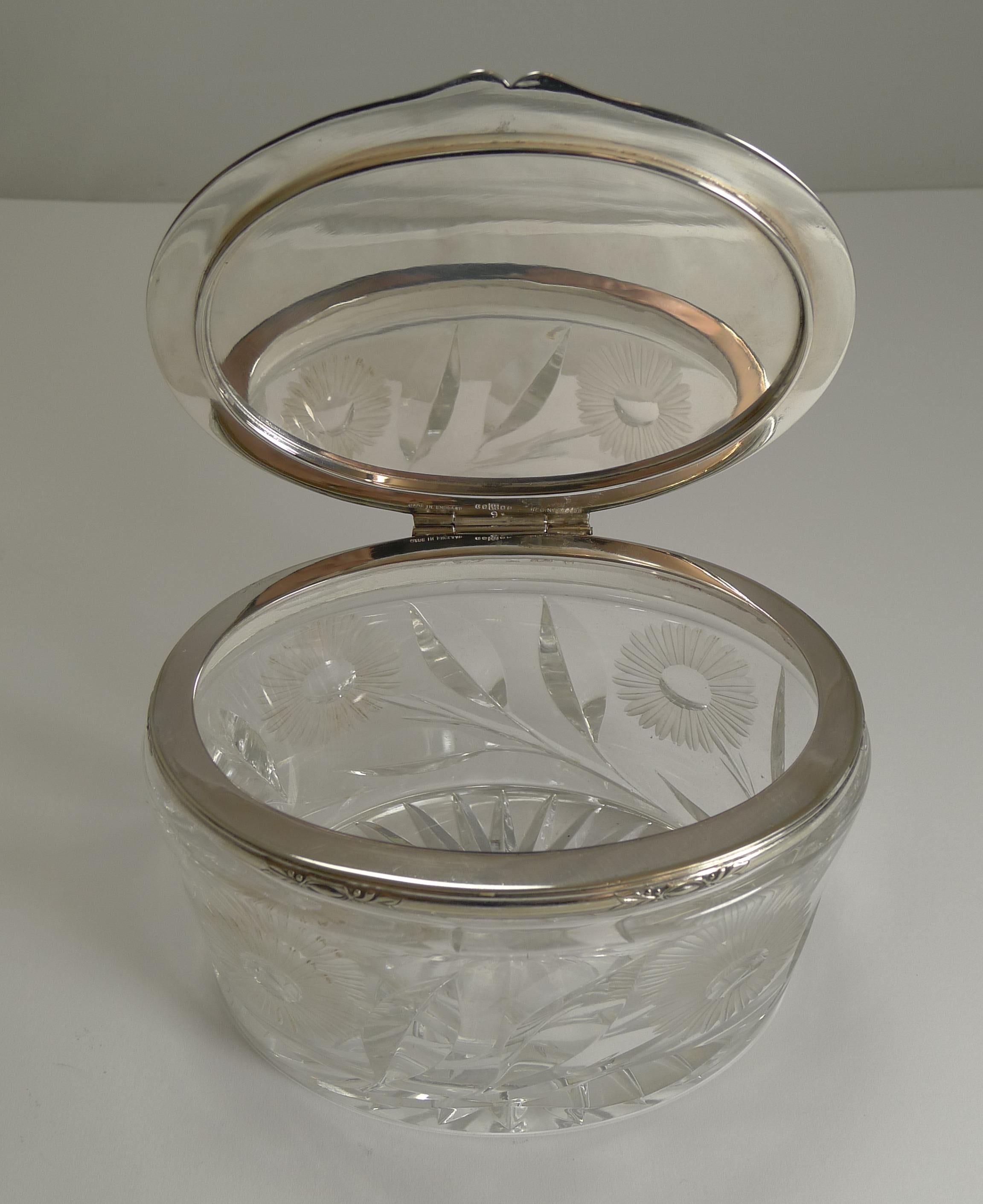 Stunning Vintage English Cut Crystal and Silver Plate Biscuit Box, 1929 2