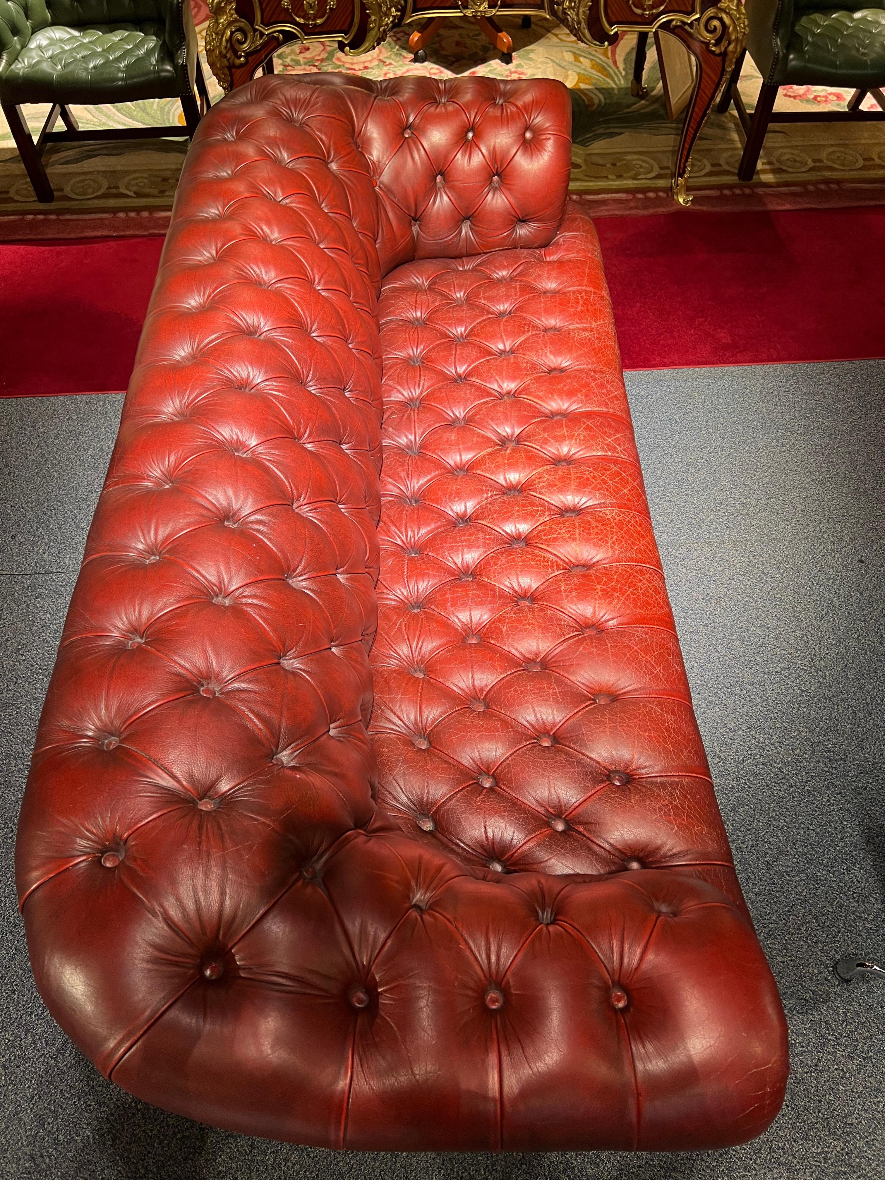 Stunning Vintage English Red Leather Chesterfield 3 Seater Sofa For Sale 4